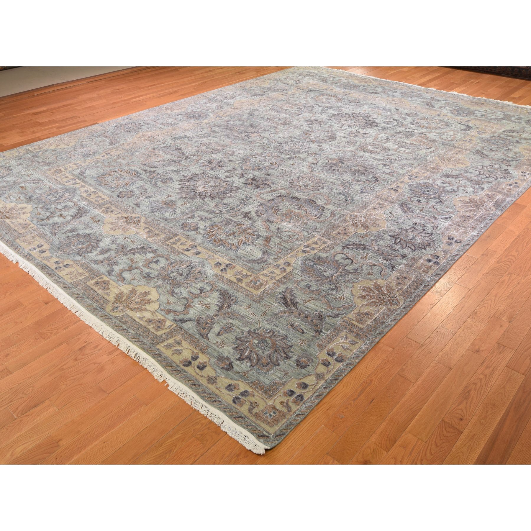 11-8 x15-3  Oversized Light Green Pure Silk With Textured Wool Mughal Design Hand Knotted Oriental Rug 