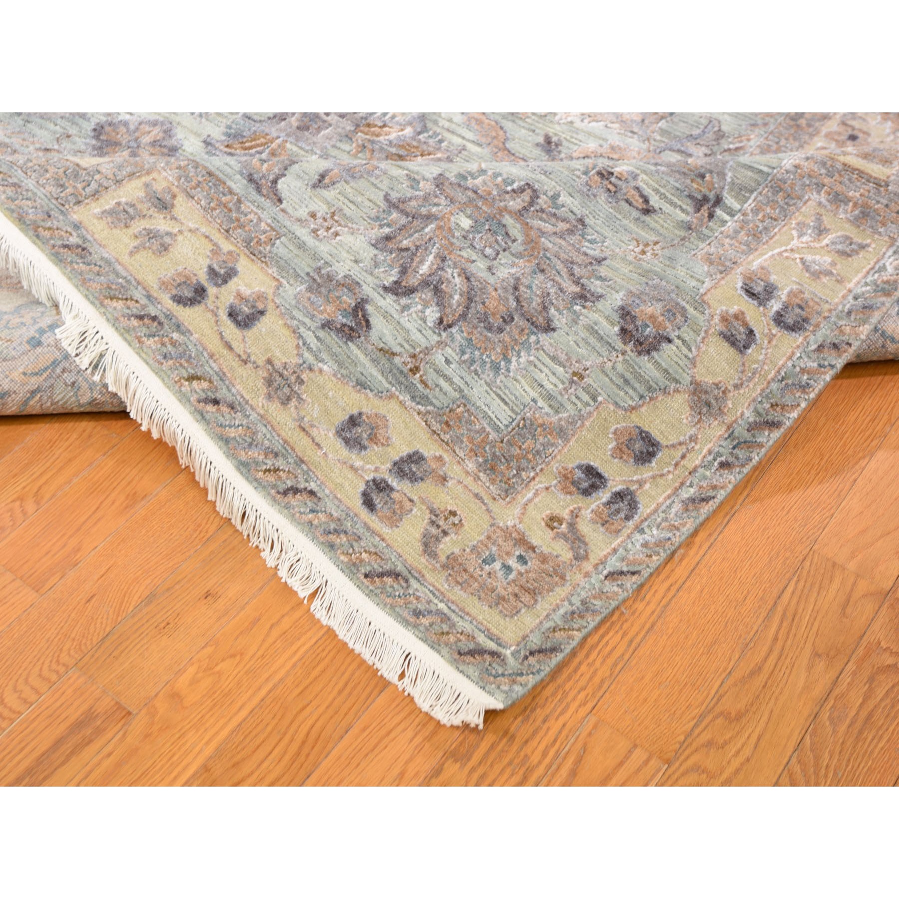 11-8 x15-3  Oversized Light Green Pure Silk With Textured Wool Mughal Design Hand Knotted Oriental Rug 