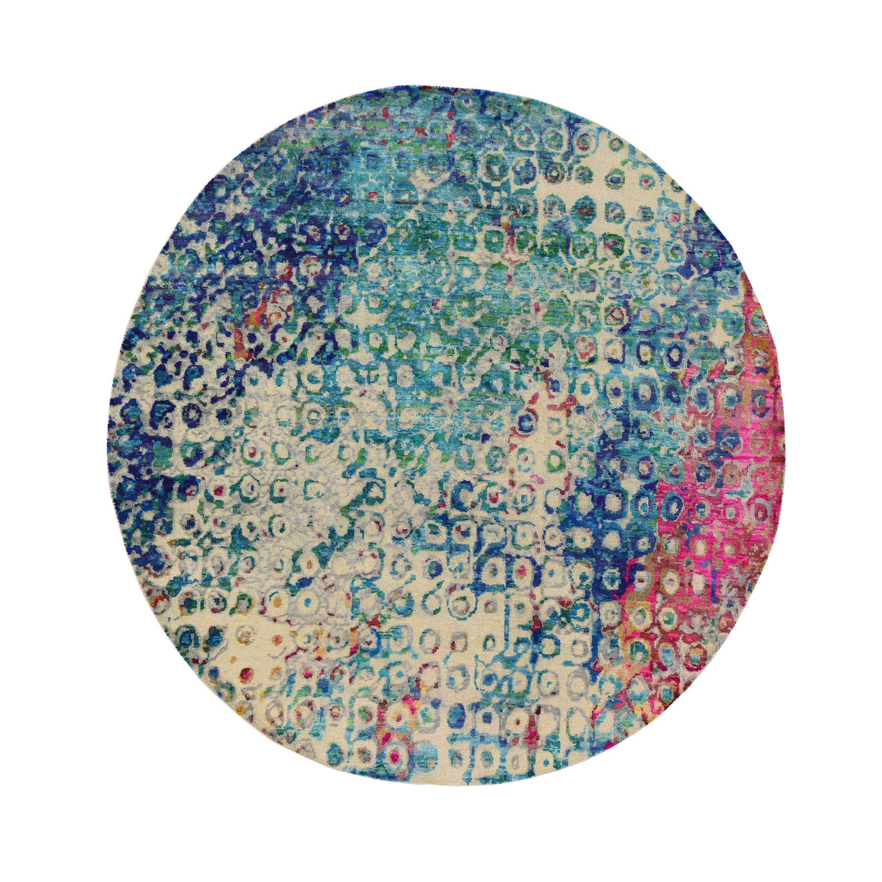 6-x6- THE PEACOCK, Sari Silk Round Colorful Hand Knotted Oriental Rug 