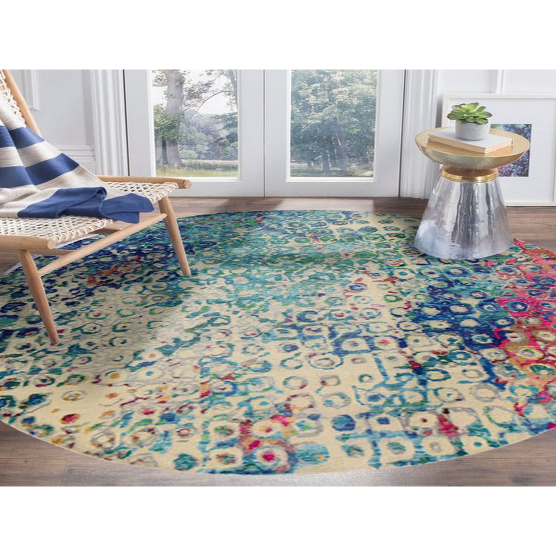 6-x6- THE PEACOCK, Sari Silk Round Colorful Hand Knotted Oriental Rug 