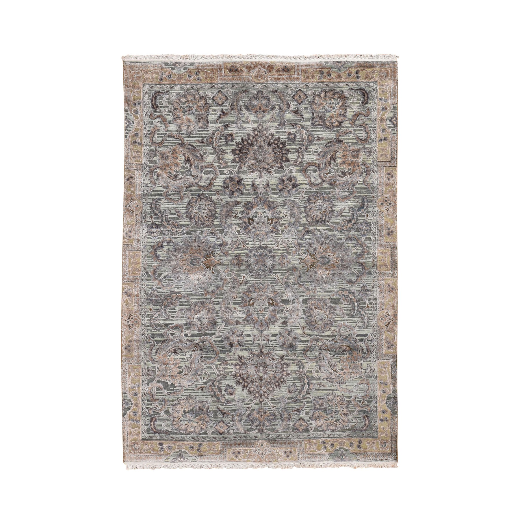 4'1"X6'2" Light Green Pure Silk With Textured Wool Mughal Design Hand Knotted Oriental Rug moad8e80