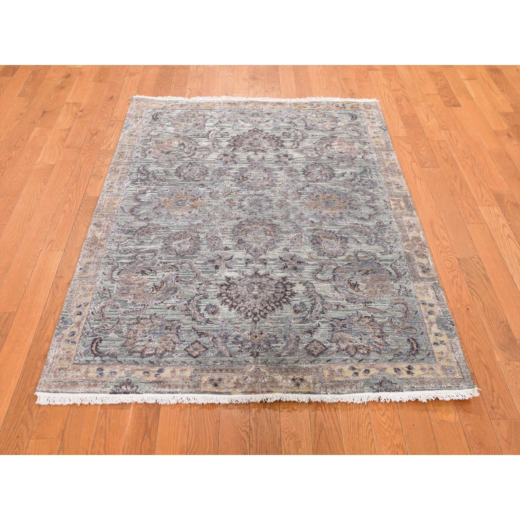 4-1 x6-2  Light Green Pure Silk With Textured Wool Mughal Design Hand Knotted Oriental Rug 