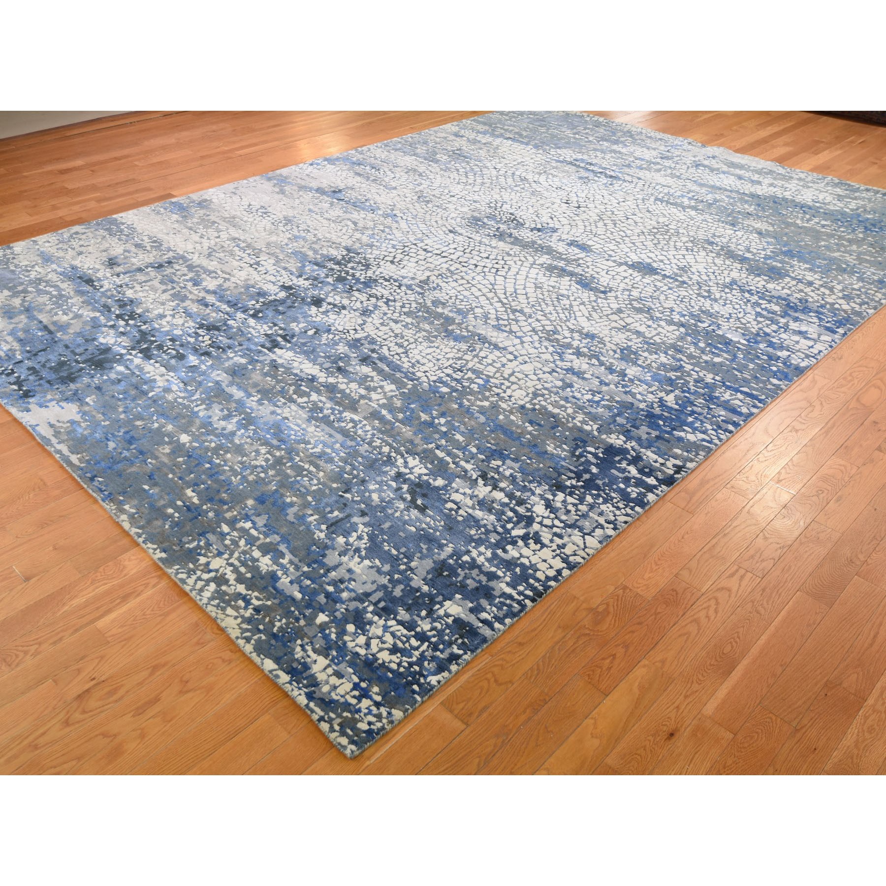 10-2 x14- Blue Wool And Pure Silk Erased Roman Mosaic Design hand Knotted Oriental Rug 