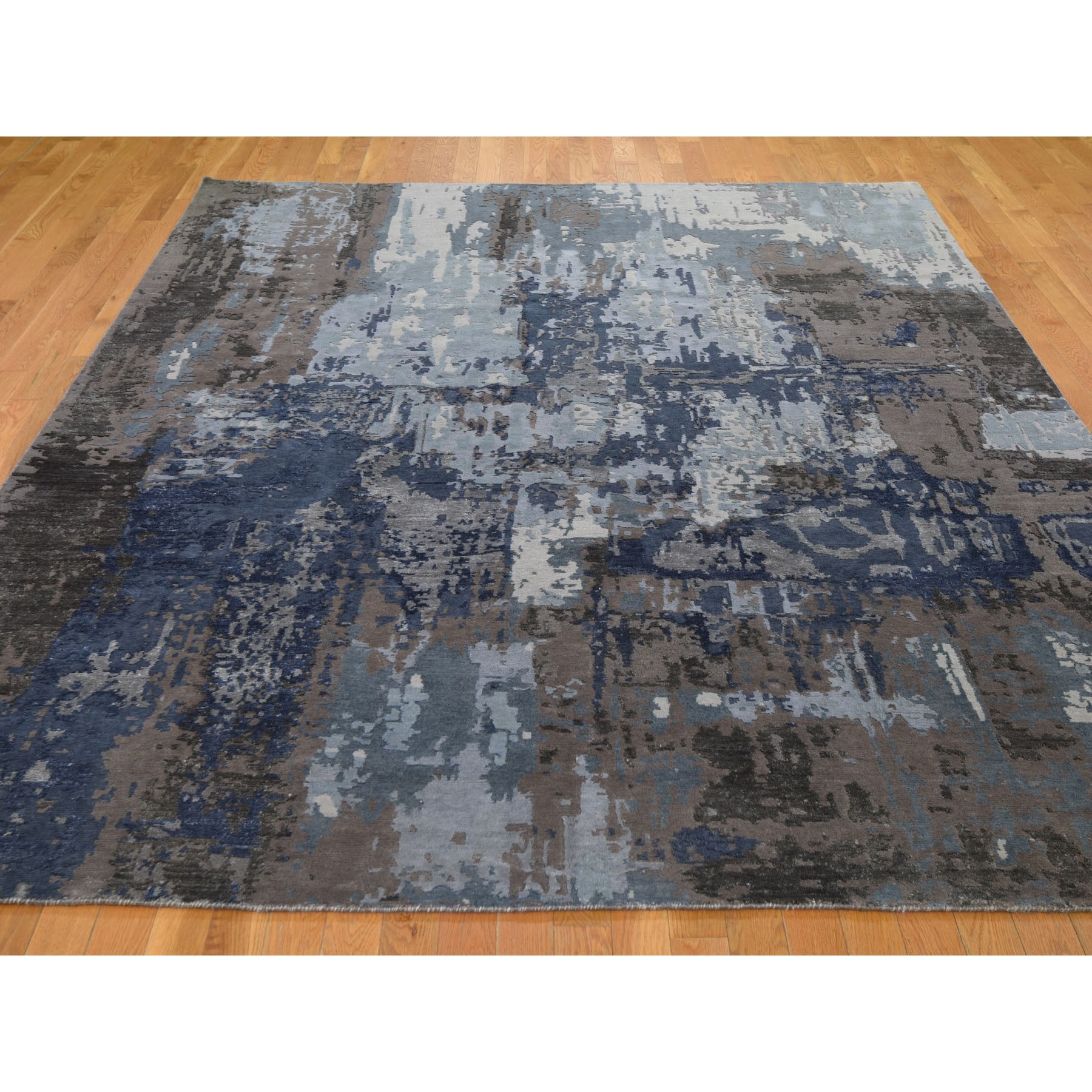 8-x10-4  Blue Abstract Design Wool and Silk Hand Knotted Oriental Rug 