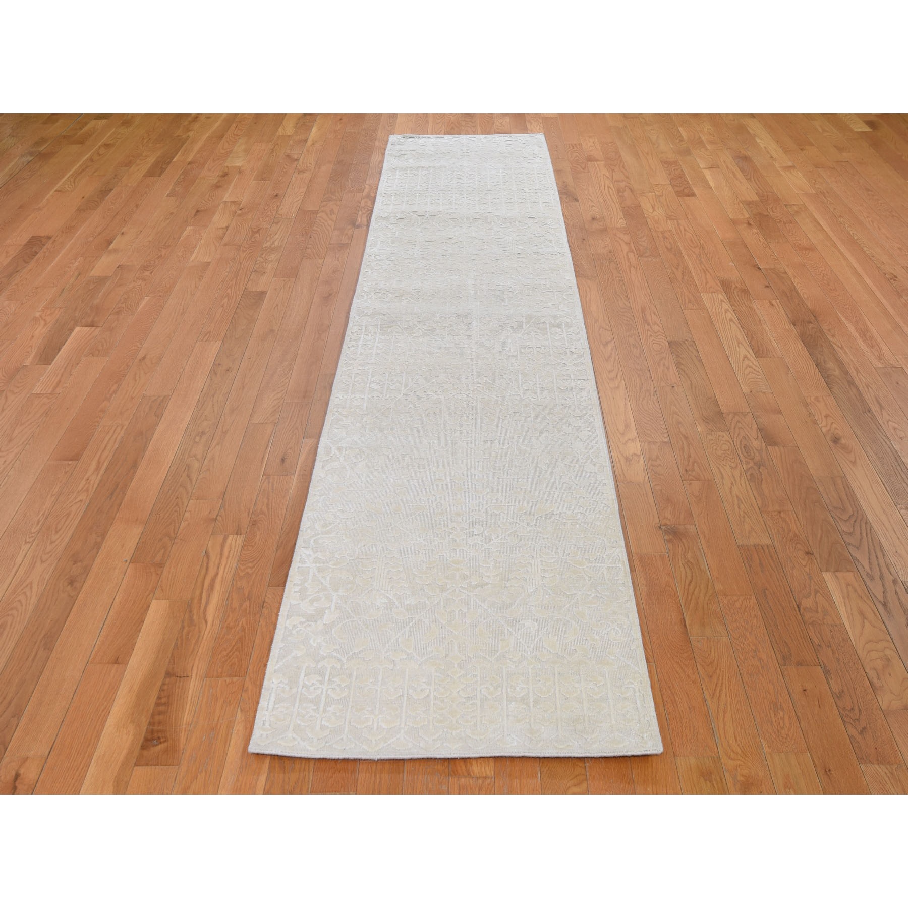 2-6 x11-8  Hand knotted Tone on Tone Pure Silk with Textured Wool Runner Oriental Rug 