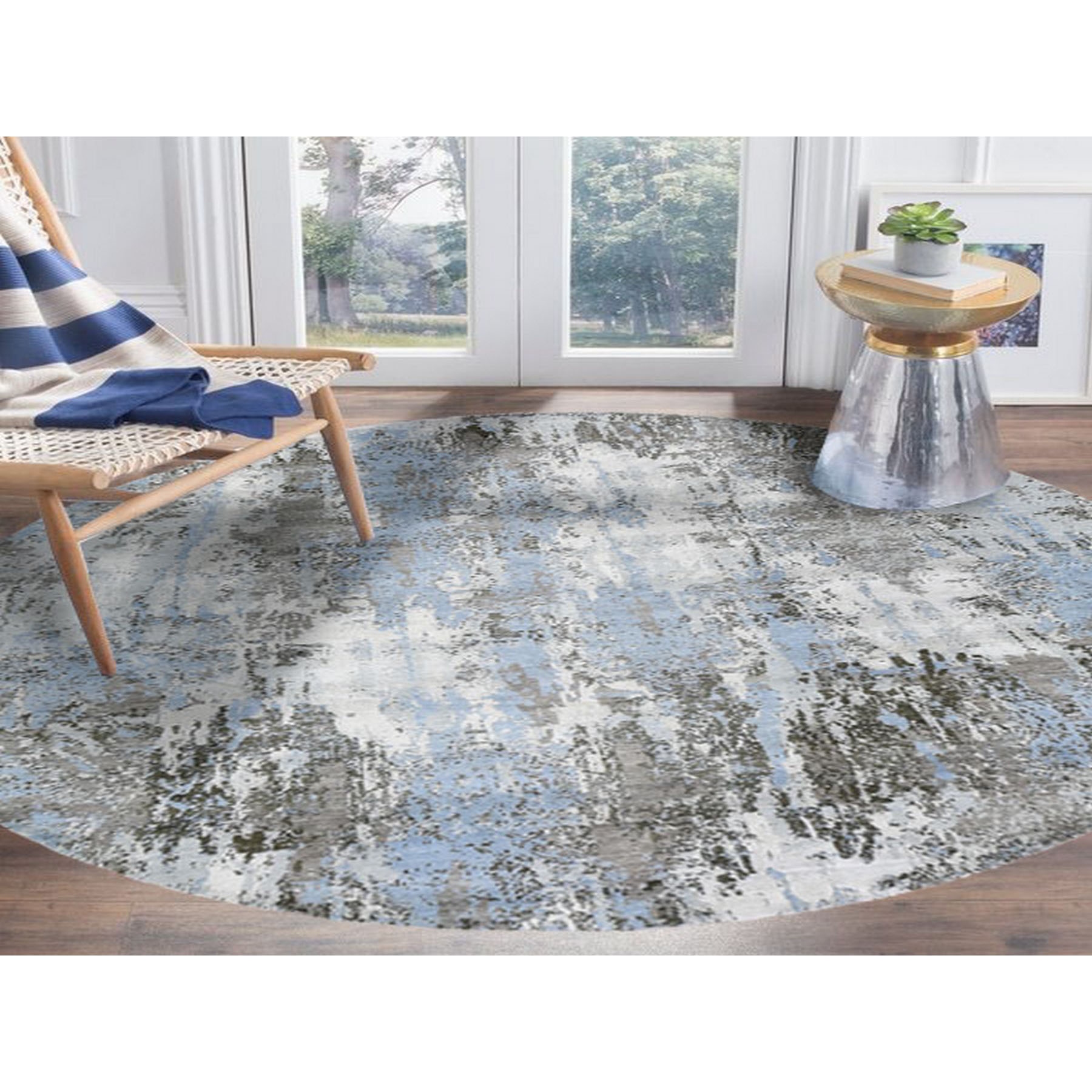 8-x8- Blue Abstract Design Wool and Pure Silk Hand Knotted Round Oriental Rug 