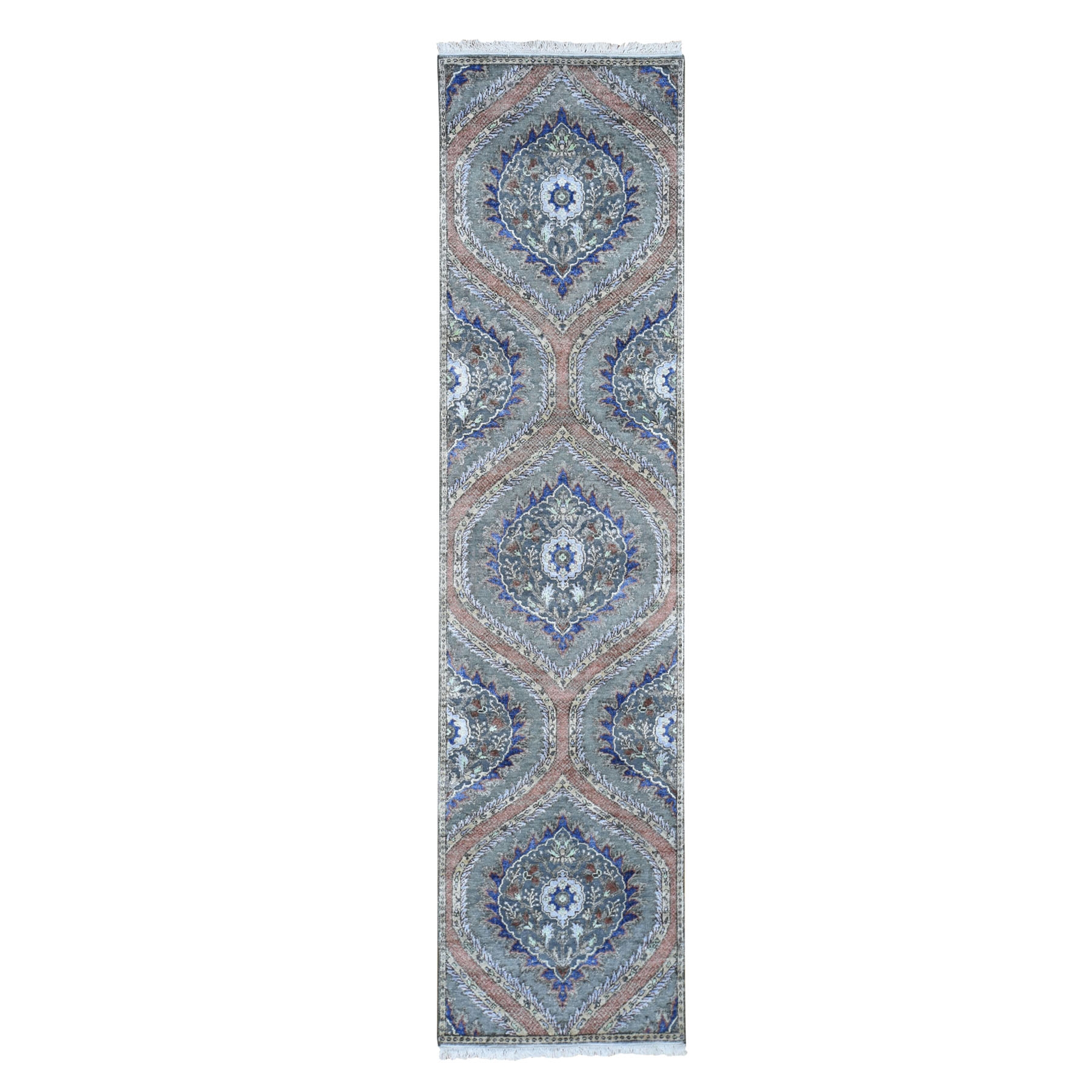 2'6"X10' Mughal Design Pure Silk With Textured Wool Runner Hand Knotted Oriental Rug moad8e90