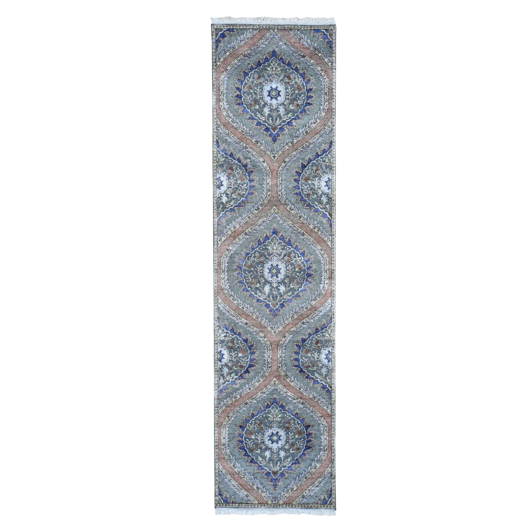 2'6"X10' Mughal Design Pure Silk With Textured Wool Runner Hand Knotted Oriental Rug moad8e9a