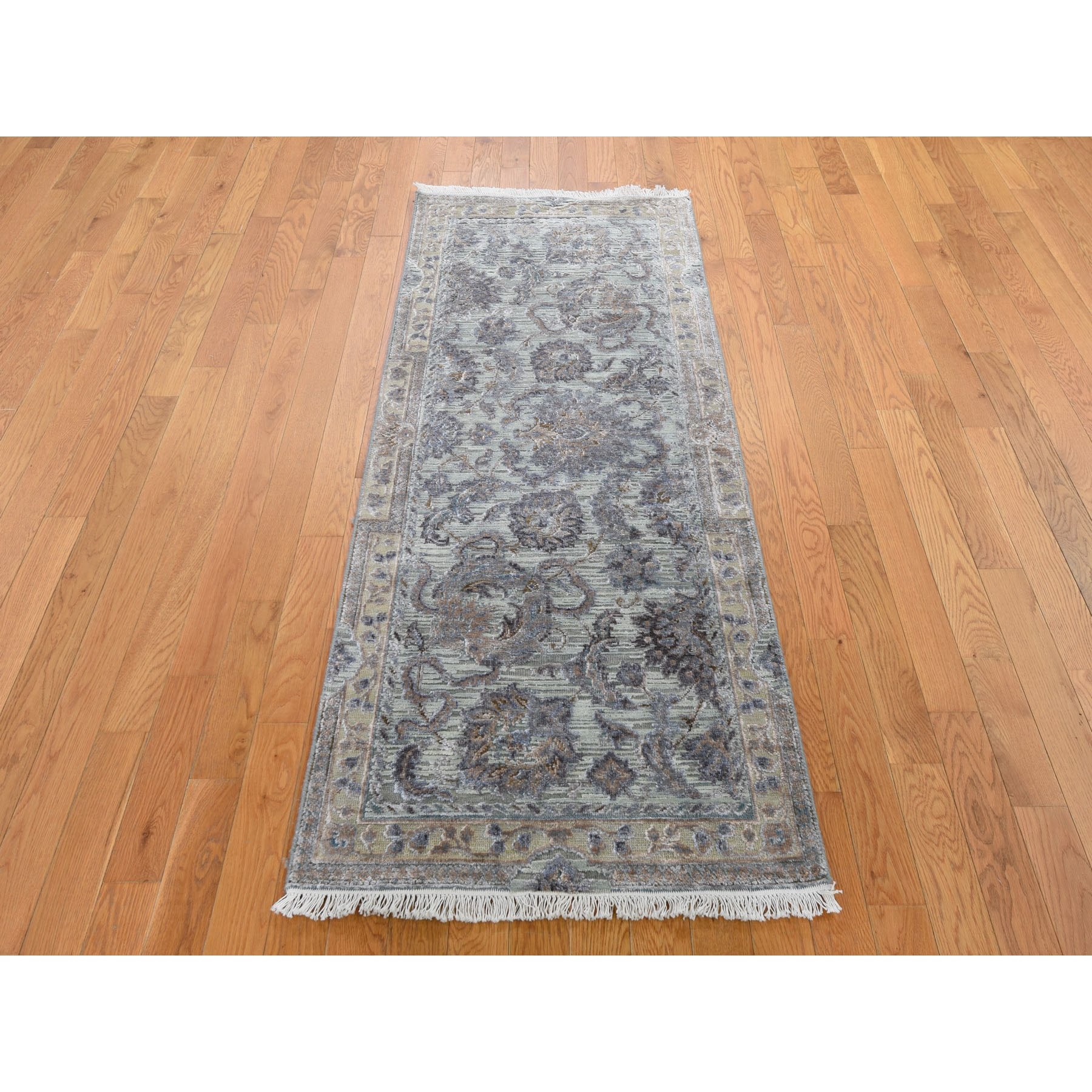 2-6 x6-1  Light Green Pure Silk With Textured Wool Mughal Design Runner Hand Knotted Oriental Rug 