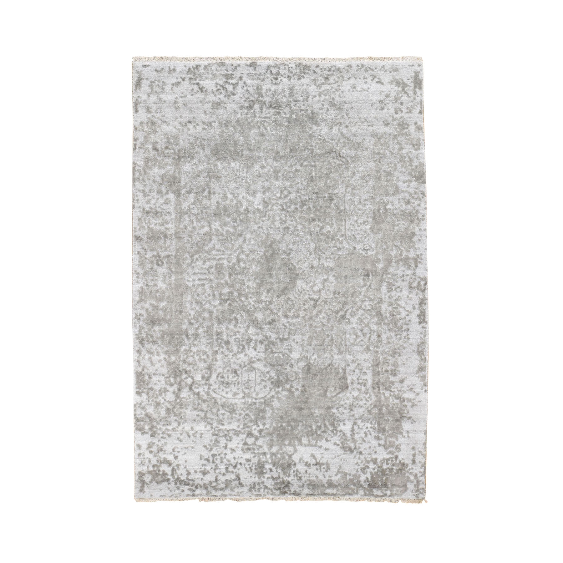 4-x6- Silver-Dark Gray Erased Persian Design Wool and Pure Silk Hand Knotted Oriental Rug 