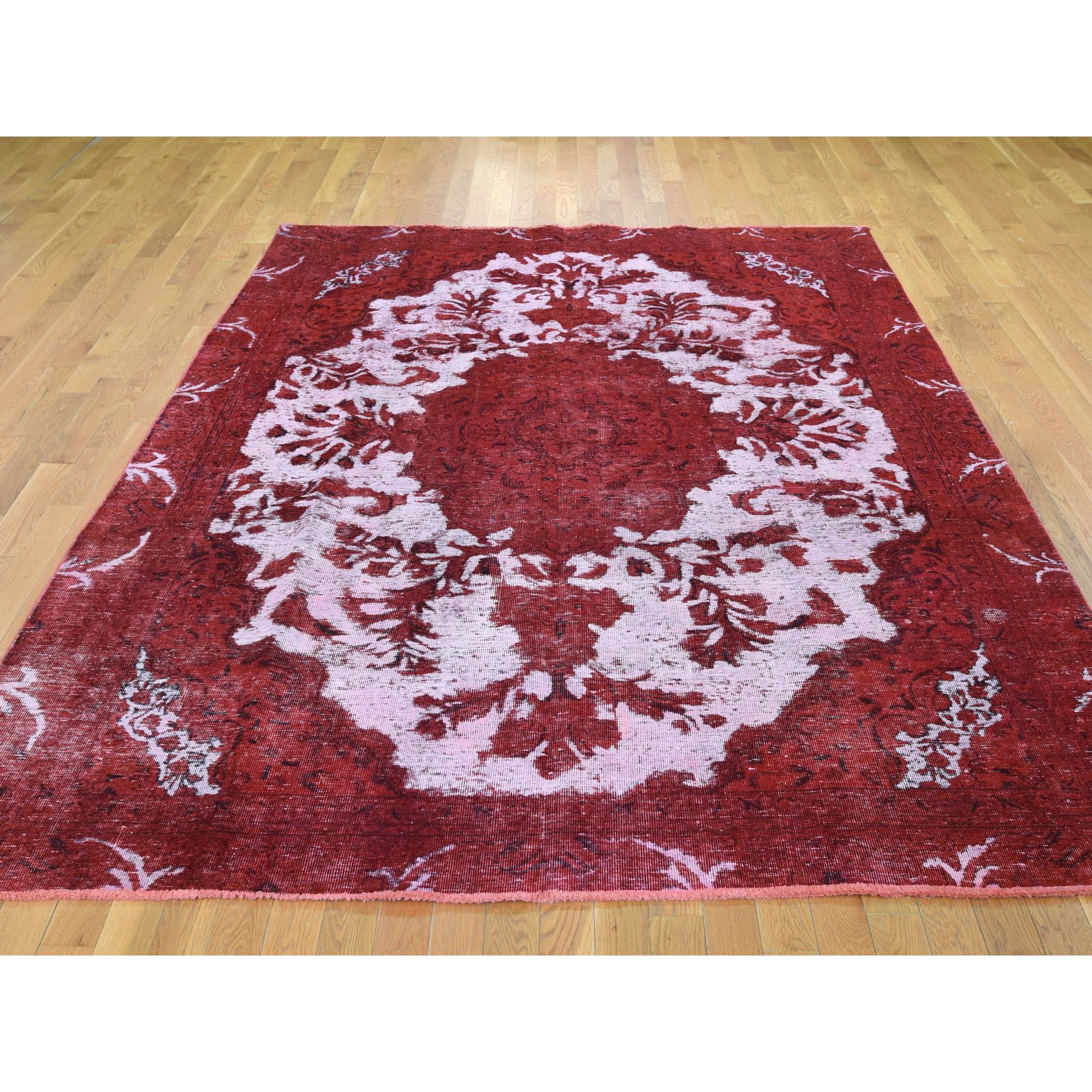 7-x9-8  Hand Knotted Overdyed Red Persian Tabriz Barjasta Vintage Rug 