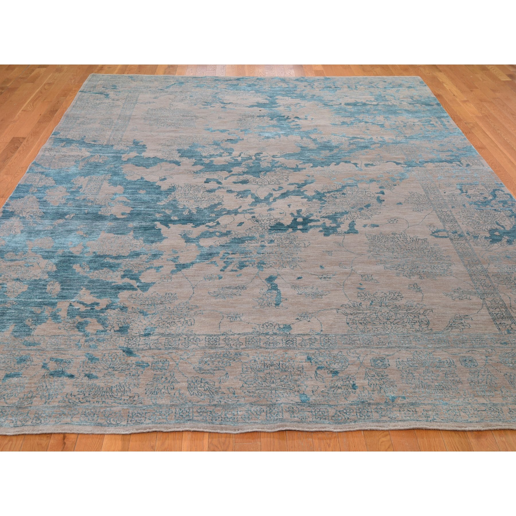 8-10 x12- Aquamarine Tone On Tone Stained Design Hand Knotted Oriental Rug 