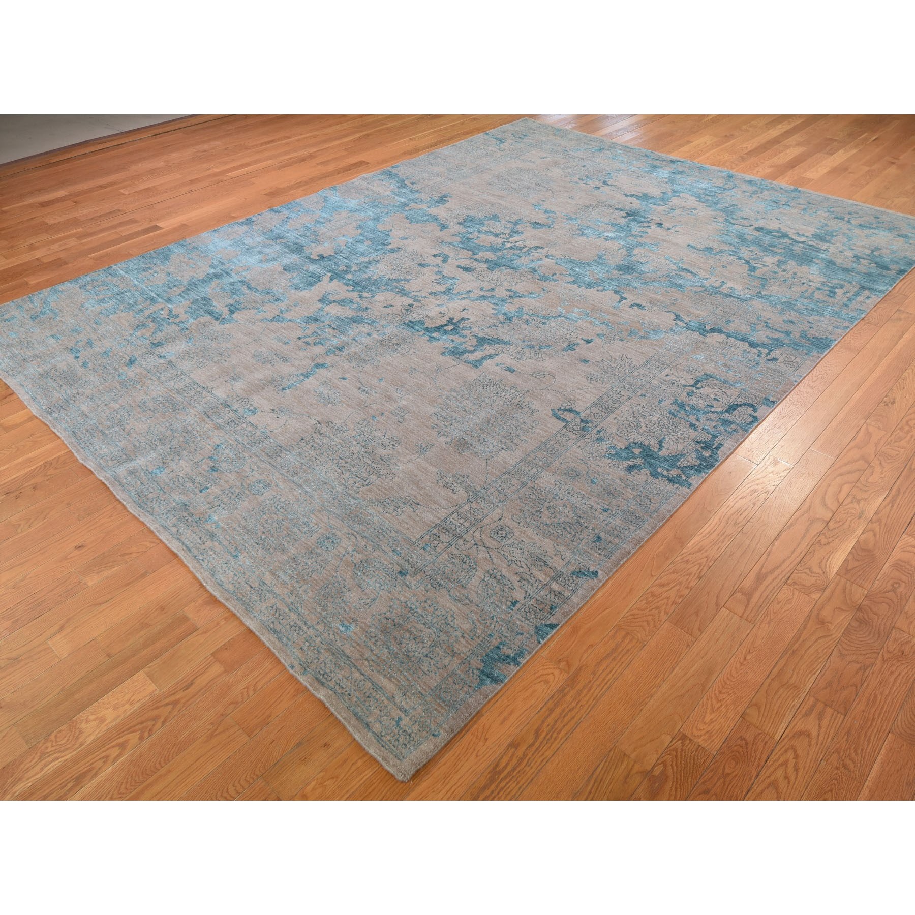 8-10 x12- Aquamarine Tone On Tone Stained Design Hand Knotted Oriental Rug 
