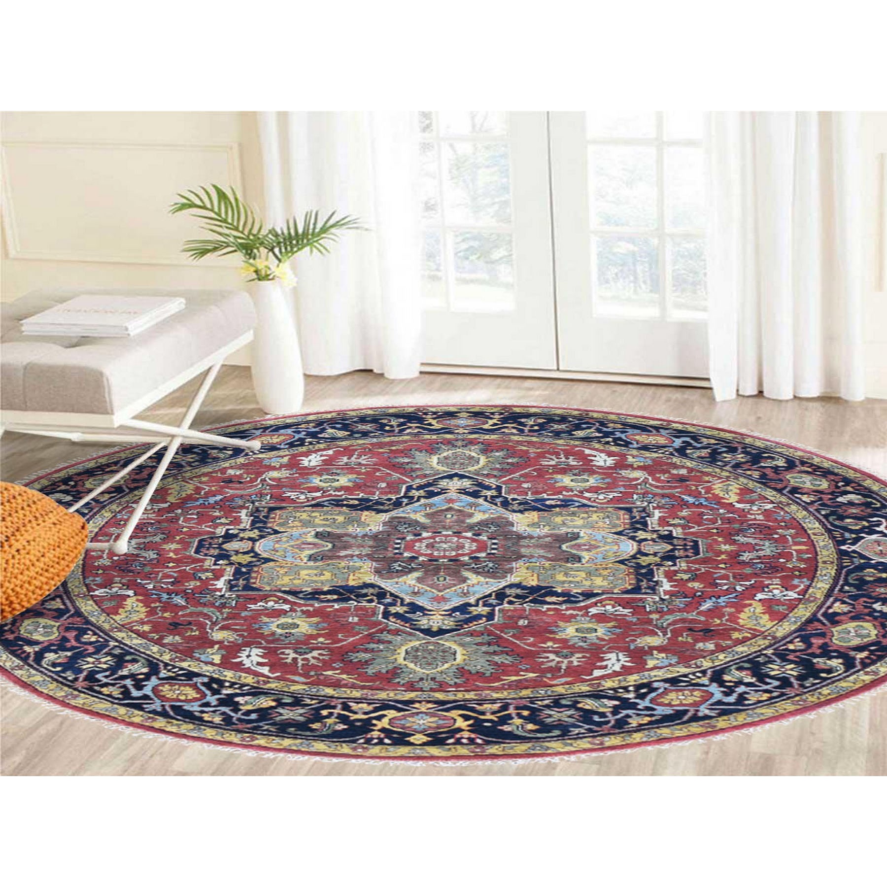 7-9 x7-9  Round Red Heriz Revival Pure Wool Hand Knotted Oriental Rug 