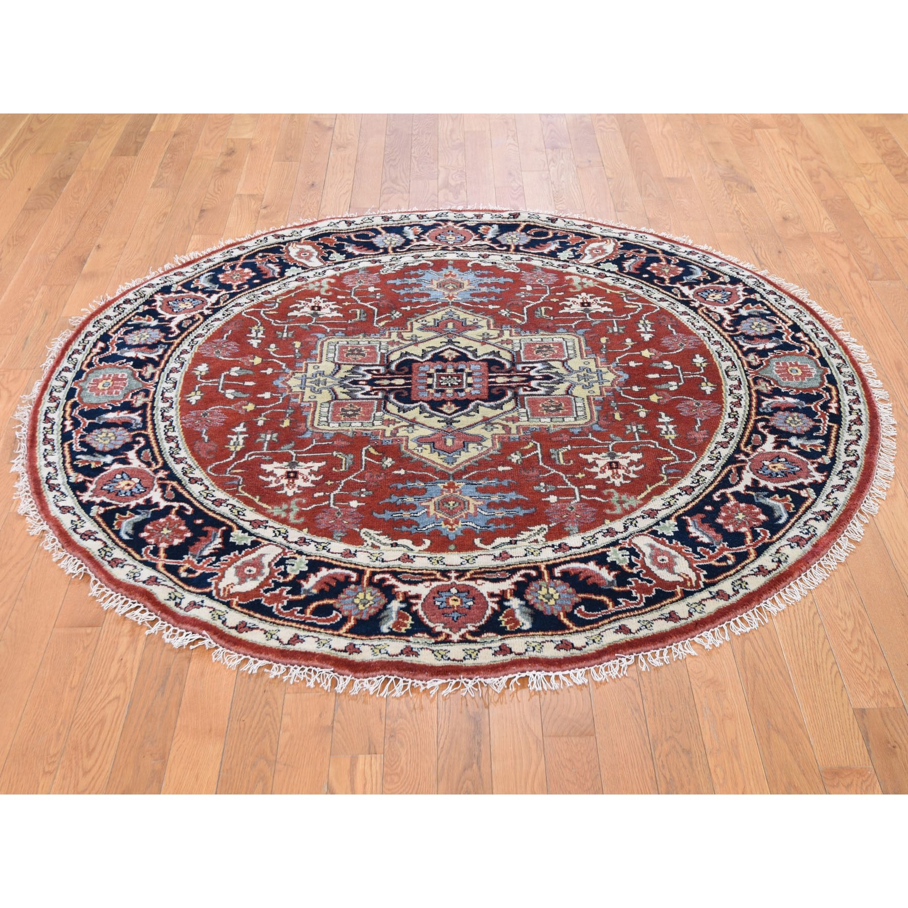 6-x6- Round Red Heriz Revival Pure Wool Hand Knotted Oriental Rug 