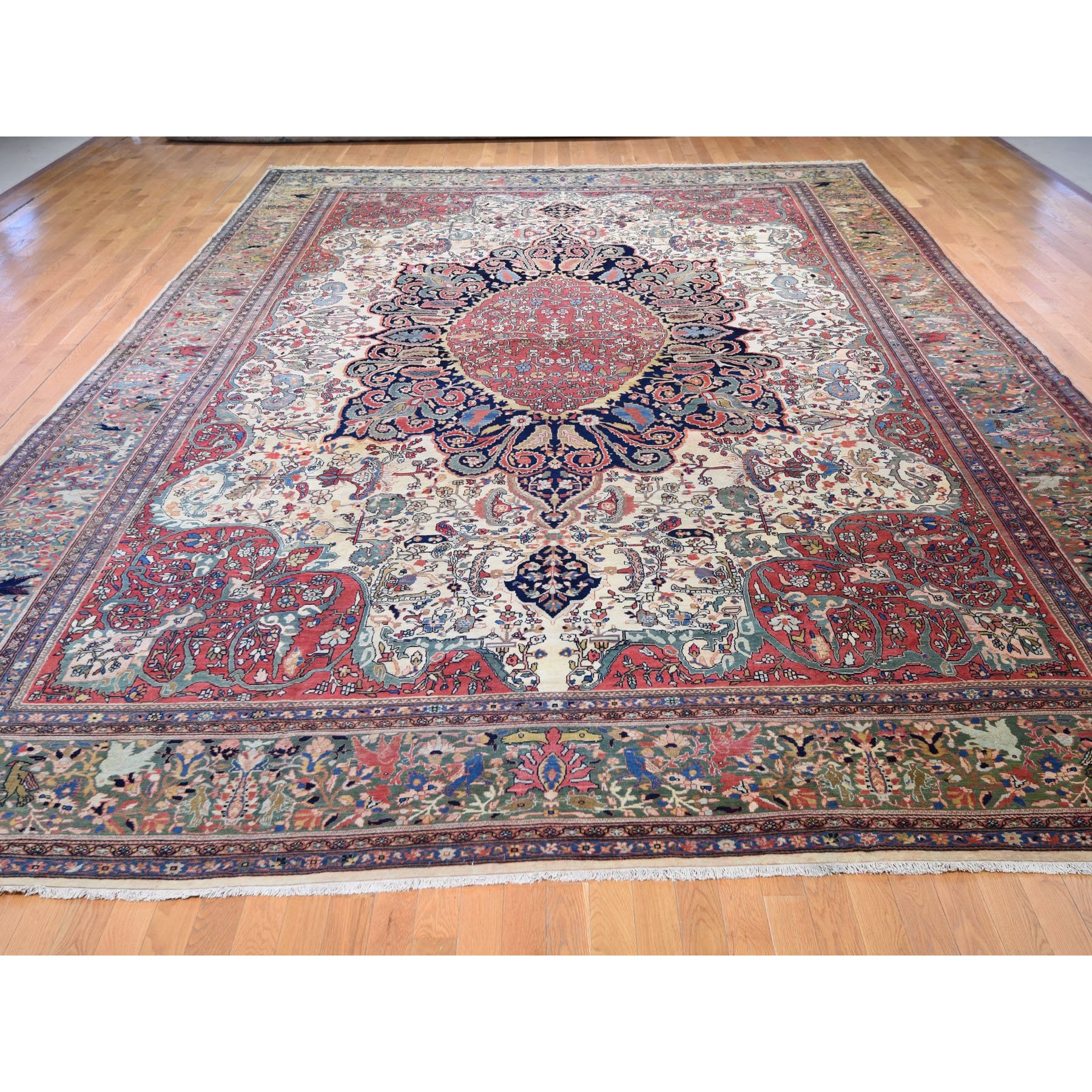 12-2 x18-8  Oversized Antique Persian Sarouk Fereghan With Birds Full Pile And Soft Hand Knotted Oriental Rug 
