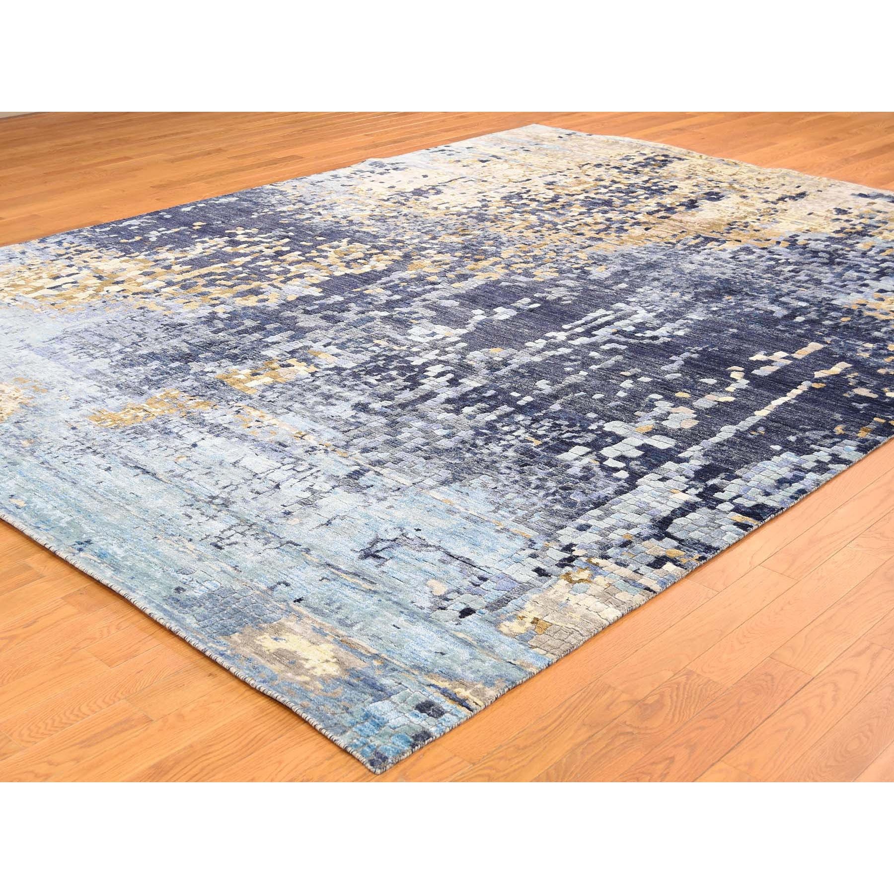 8-10 x11-9  Mosaic Design Blue Wool and Silk Hand Knotted Oriental Rug 