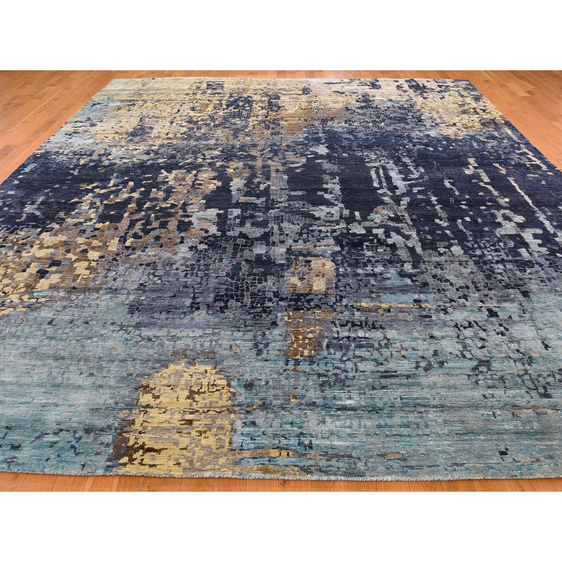 9-10 x13-9  Mosaic Design Blue Wool and Silk Hand Knotted Oriental Rug 