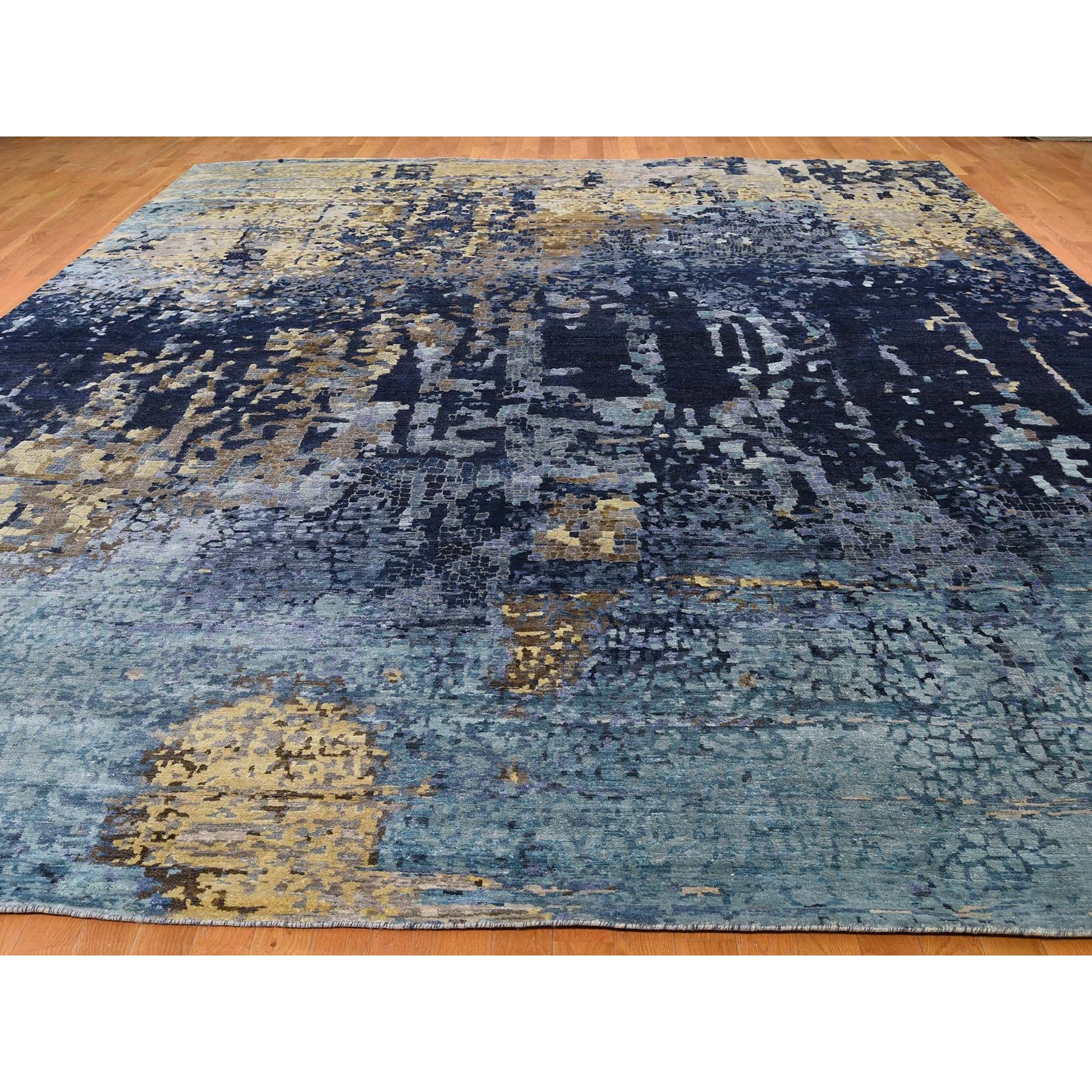 11-10 x14-10  Oversized Mosaic Design Blue Wool and Silk Hand Knotted Oriental Rug 