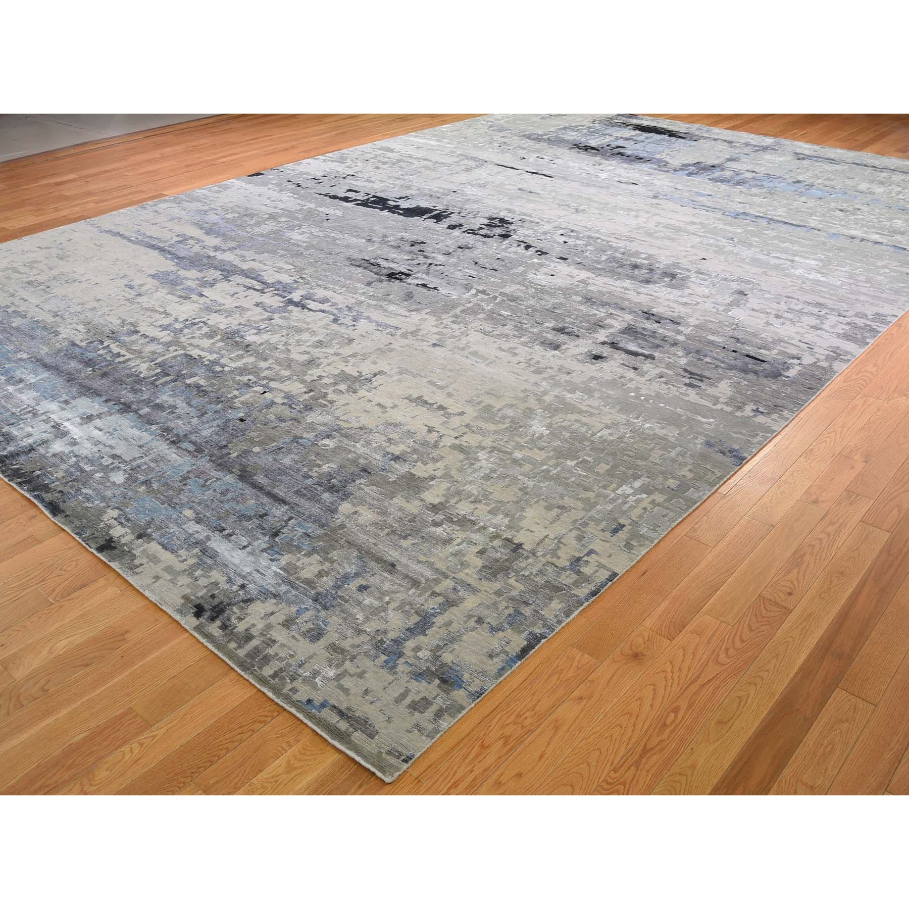 12-x17-9  Oversized Gray Hi low Pile Abstract Design Wool And Silk Hand Knotted Oriental Rug 