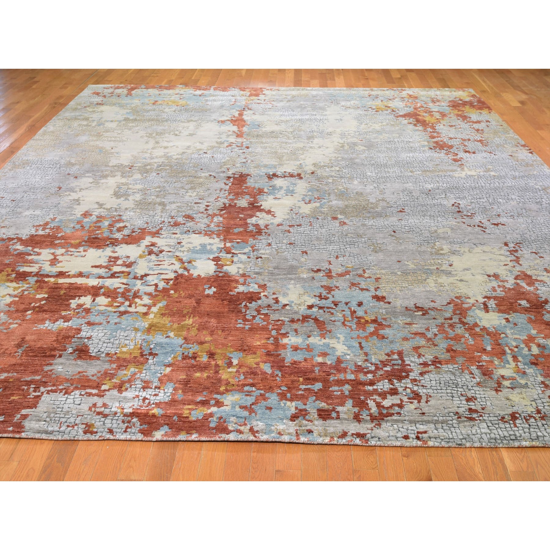 11-10 x14-9  Oversized Wool And Silk Abstract With Fire Mosaic Design Hand Knotted Oriental Rug 