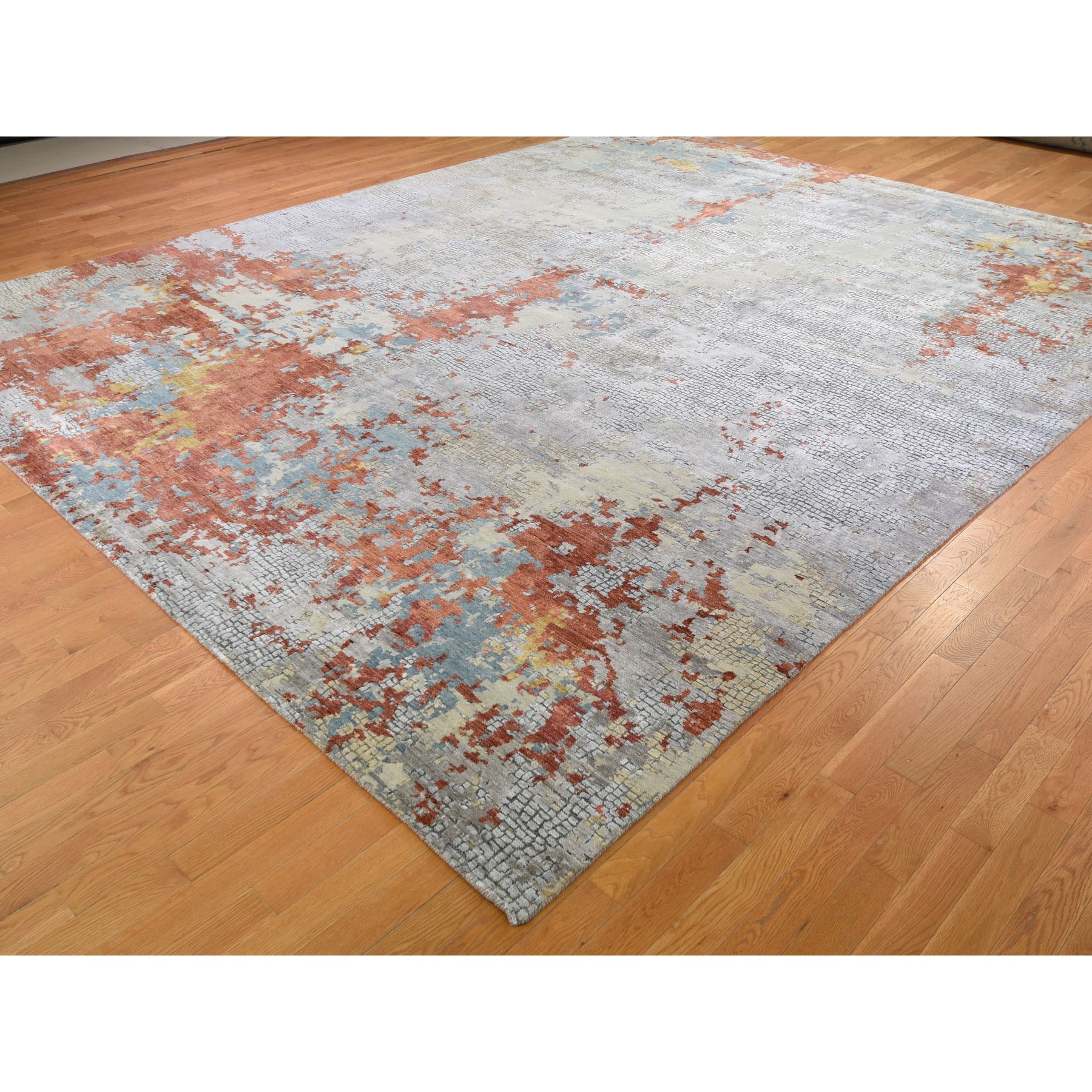 11-10 x14-9  Oversized Wool And Silk Abstract With Fire Mosaic Design Hand Knotted Oriental Rug 