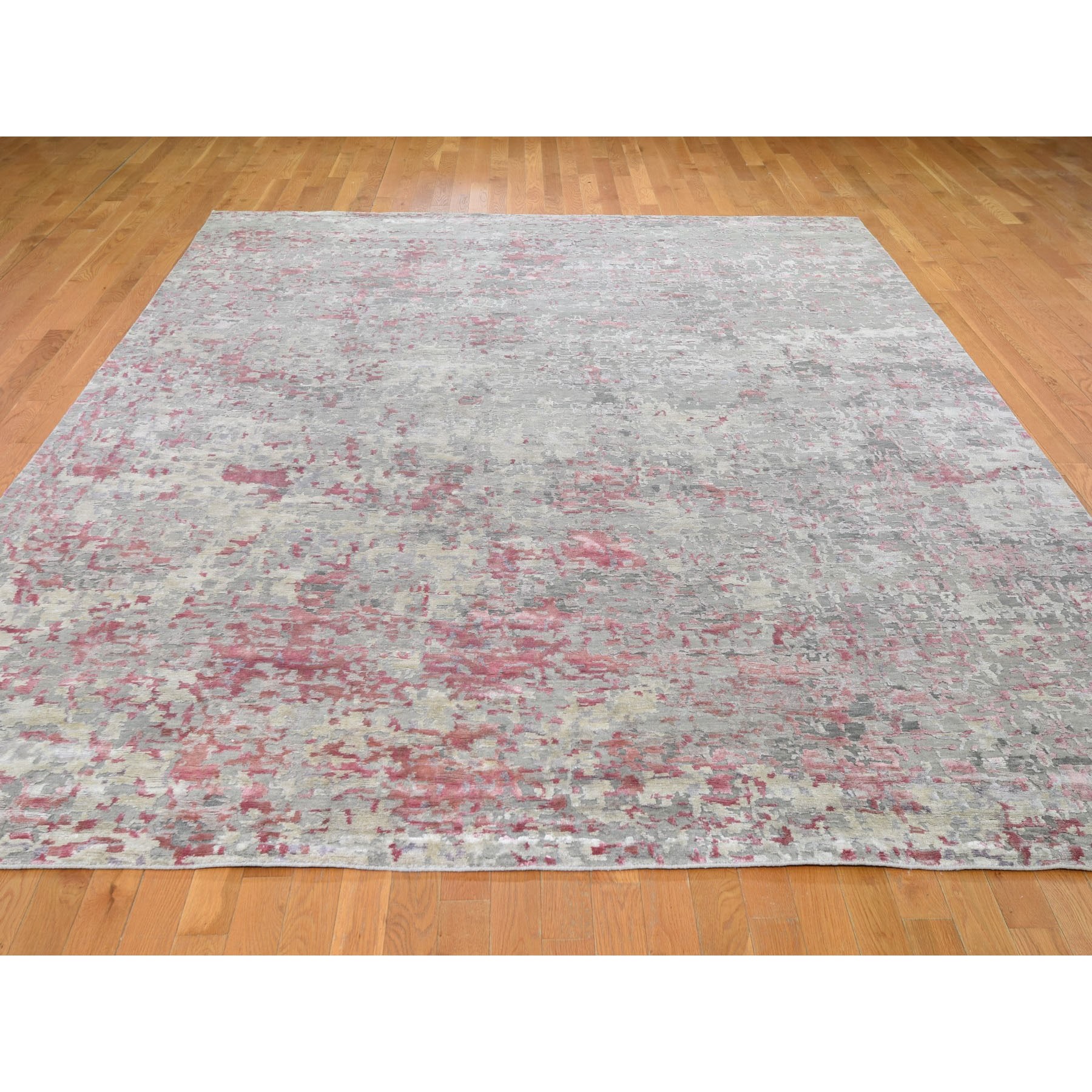 9-x12- Pink Hi-Lo Pile Abstract Design Wool And Silk Hand Knotted Oriental Rug 