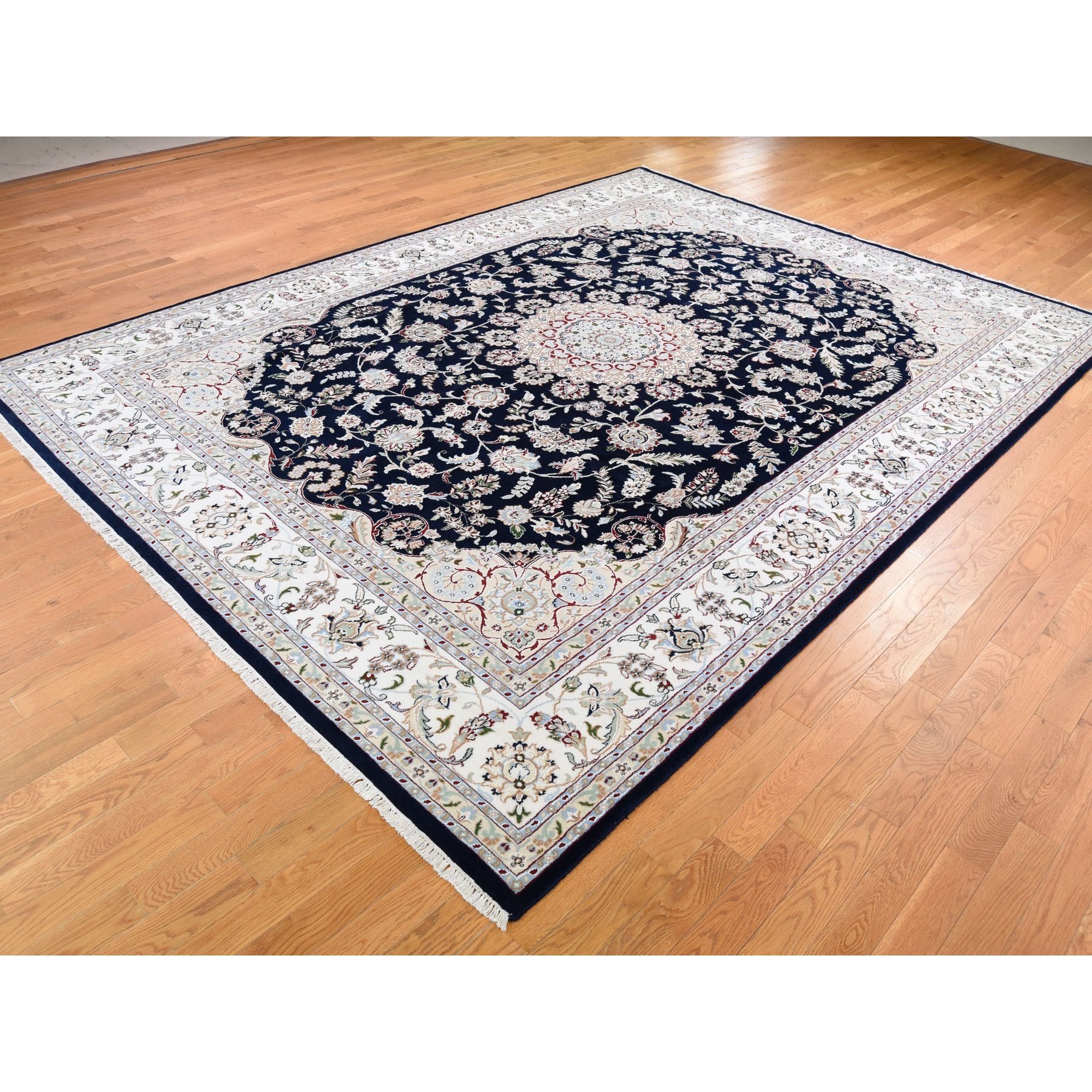 9-x12- Navy Blue Nain Wool and Silk 250 Kpsi Hand Knotted Oriental Rug 