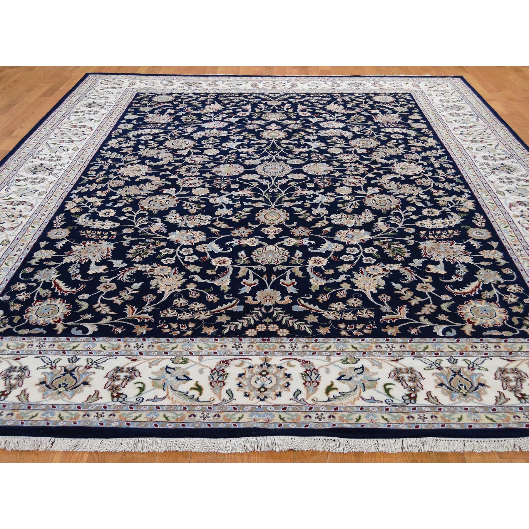 9-9 x14- Navy Blue Wool And Silk 250 KPSI All Over Design Nain Hand Knotted Oriental Rug 