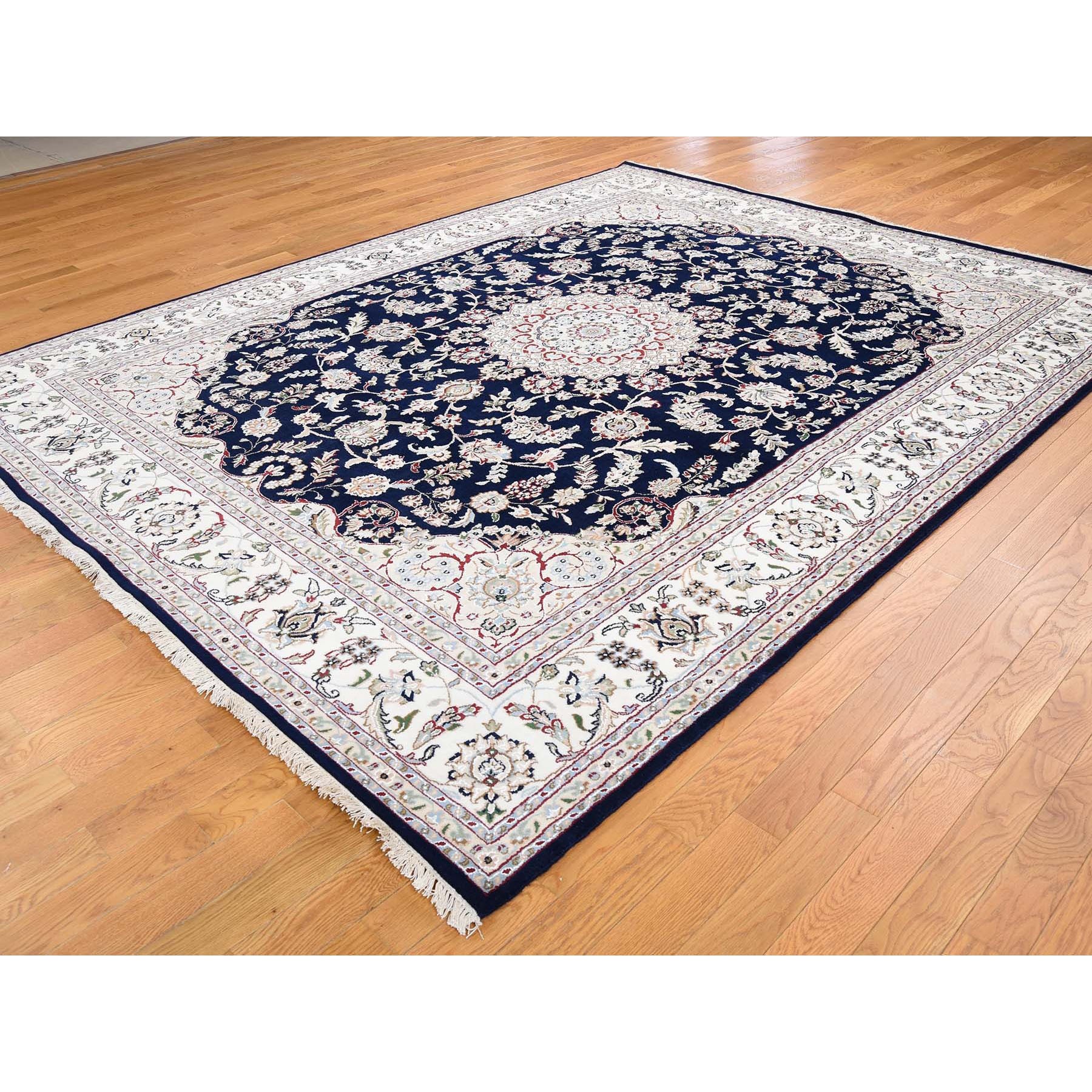 8-x10-1  Navy Blue Wool And Silk 250 KPSI  Nain Hand Knotted Oriental Rug 