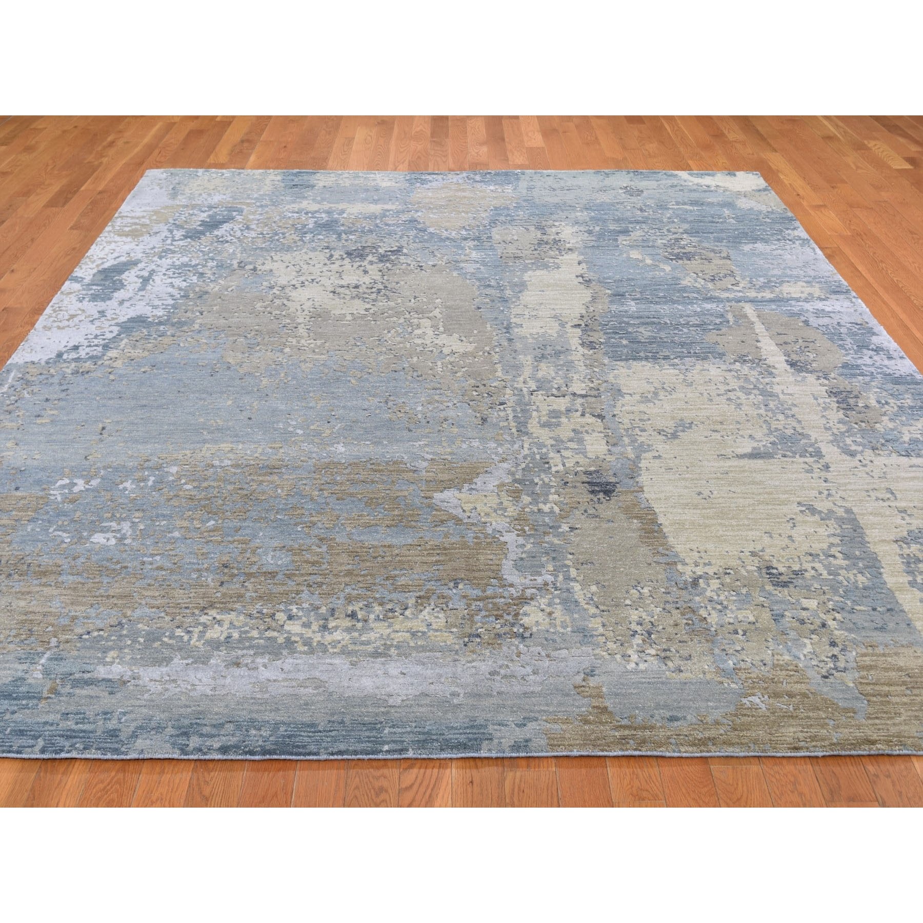 8-x10-4  Gray Abstract Design Wool And Silk Denser Weave Hand Knotted Modern Rug 