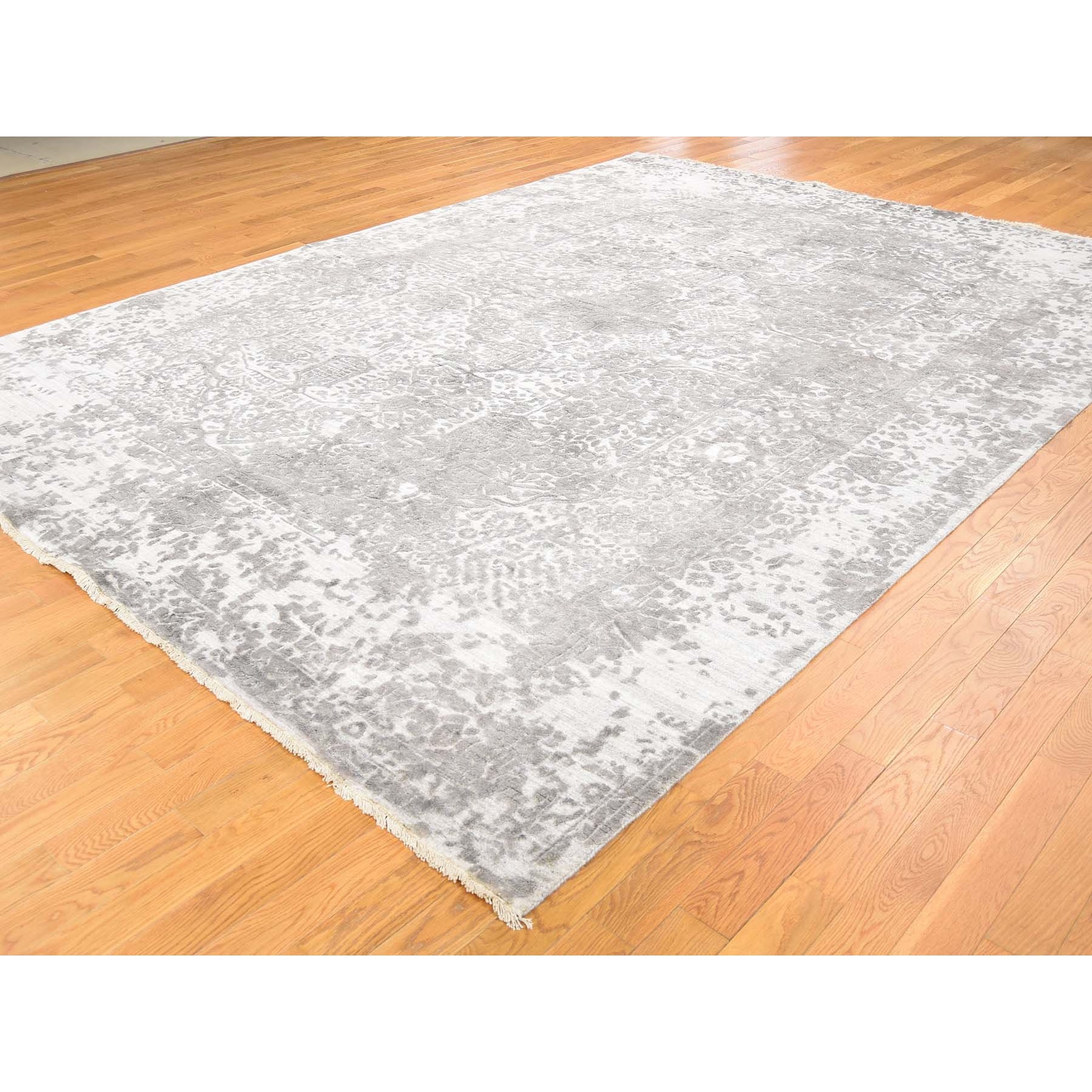 9-x12-1   Gray Broken Persian Design Wool And Pure Silk Hand Knotted Oriental Rug 