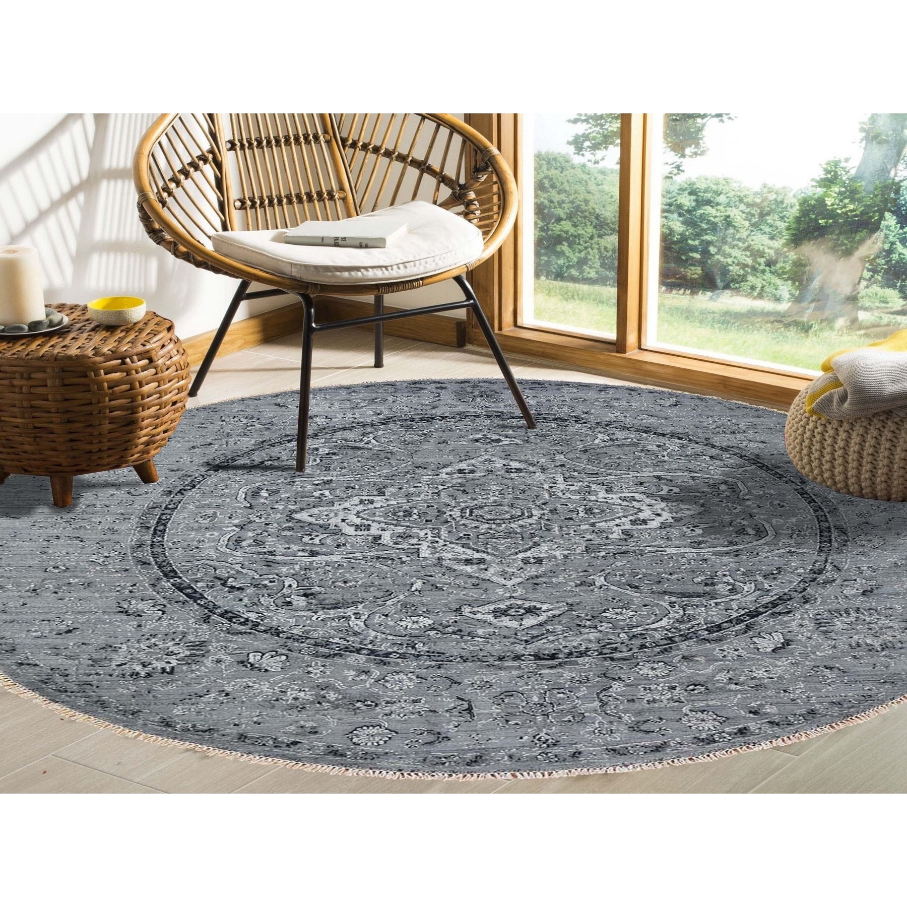 12-x12- Round Gray Broken Persian Erased Design Pure Silk With Textured Wool Hand Knotted Oriental Rug 