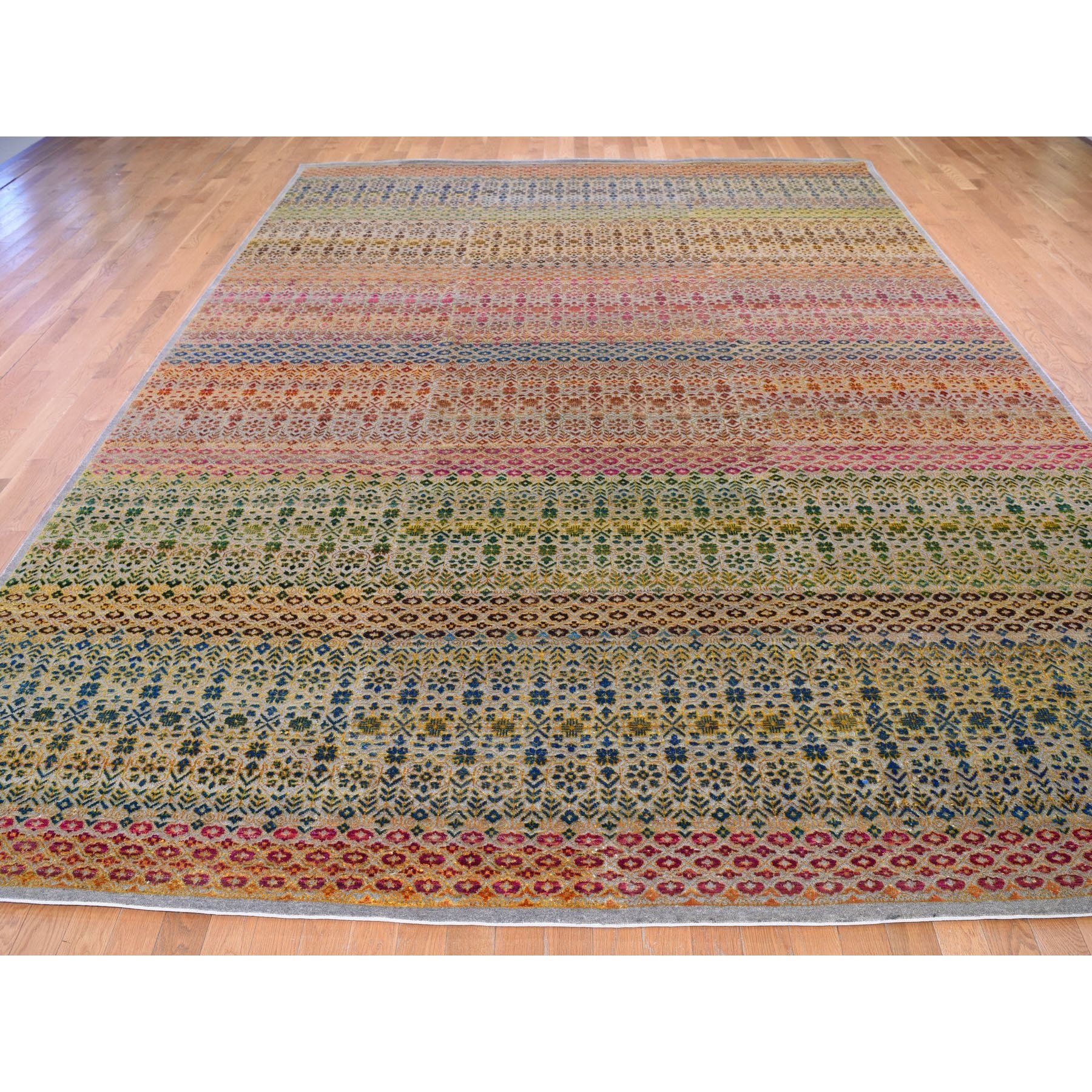 9-8 x14- Colorful Grass Design Sari Silk Textured Wool Modern Hand Knotted Oriental Rug 