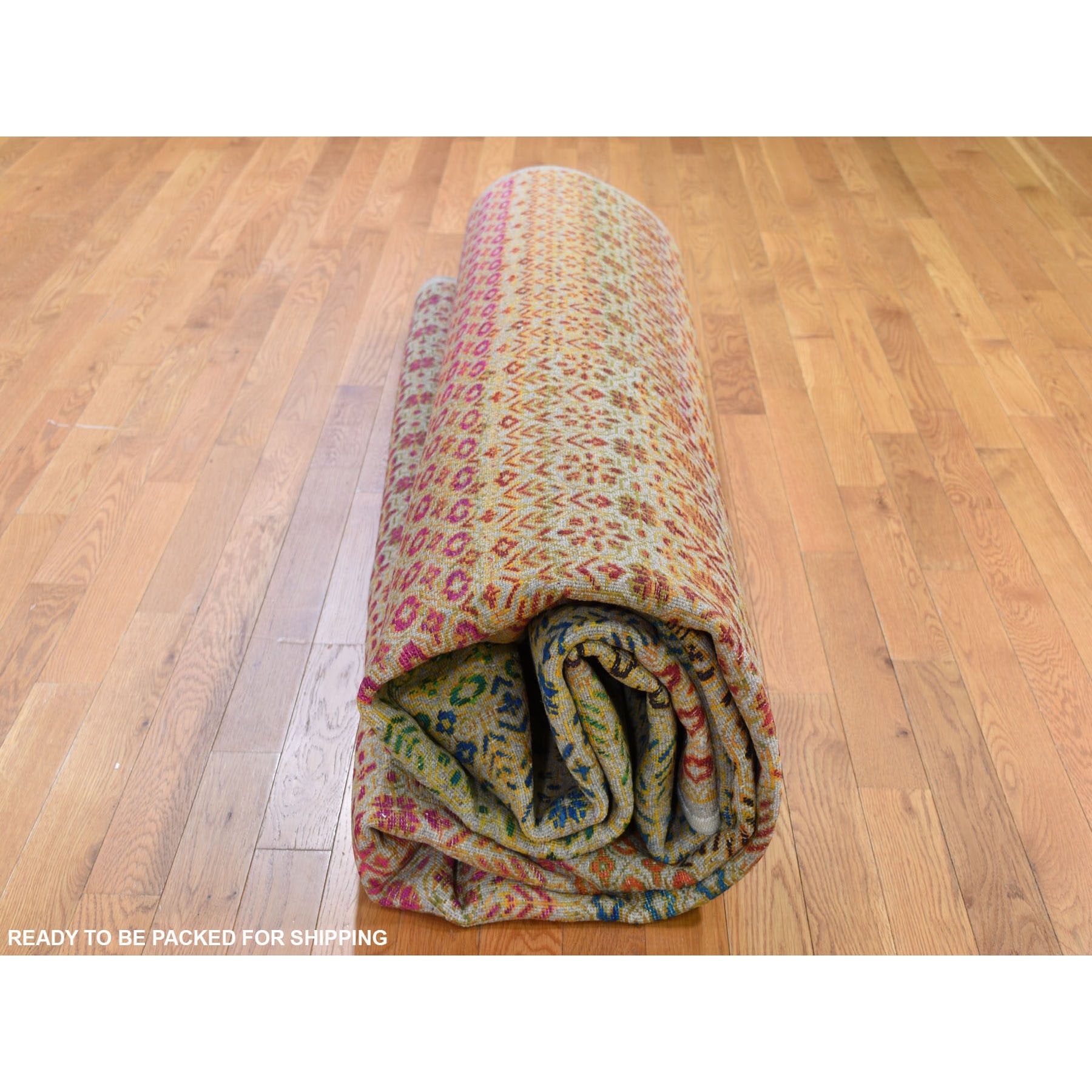 9-8 x14- Colorful Grass Design Sari Silk Textured Wool Modern Hand Knotted Oriental Rug 