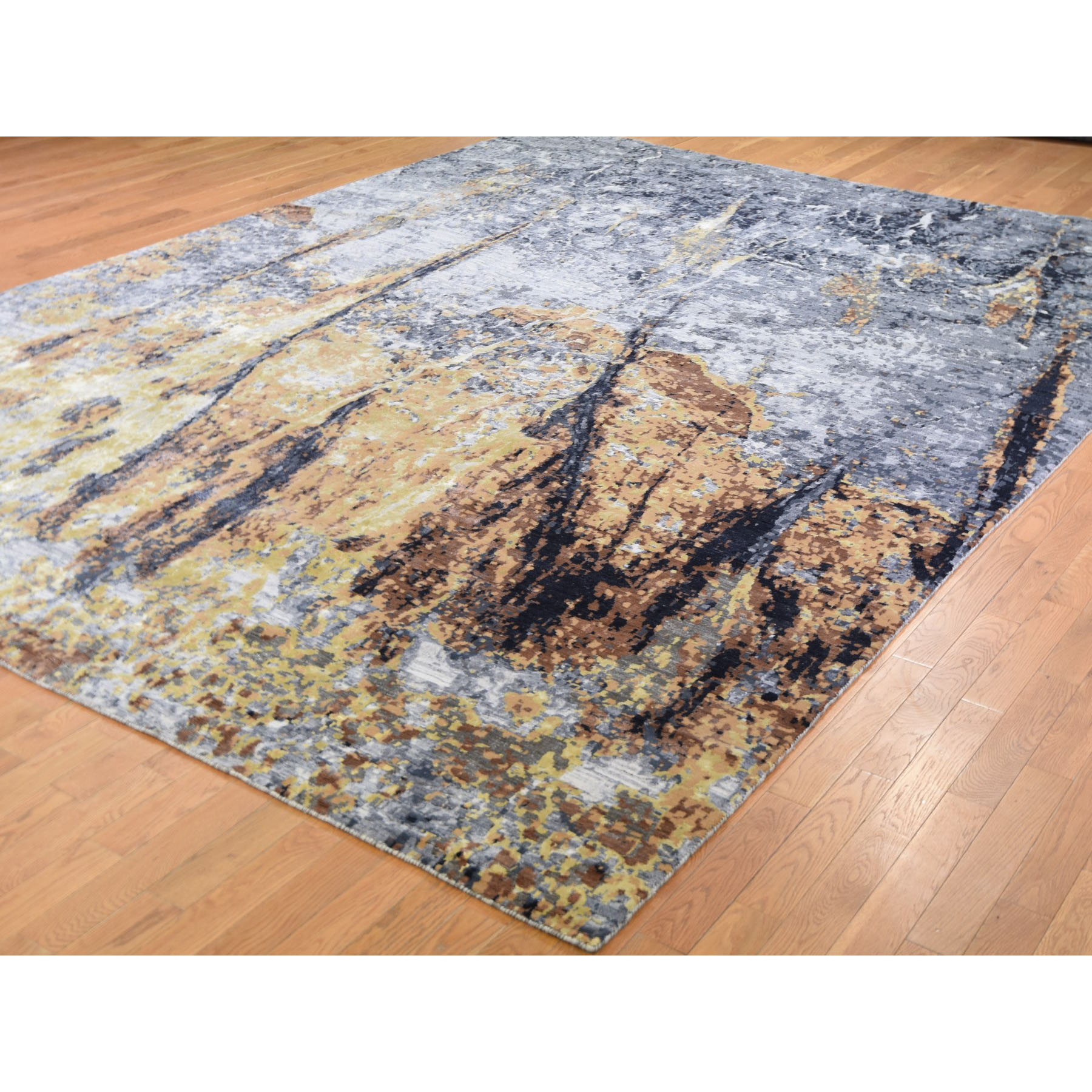 10-x14- Gold Abstract Design Wool And Silk hand Knotted Oriental Rug 