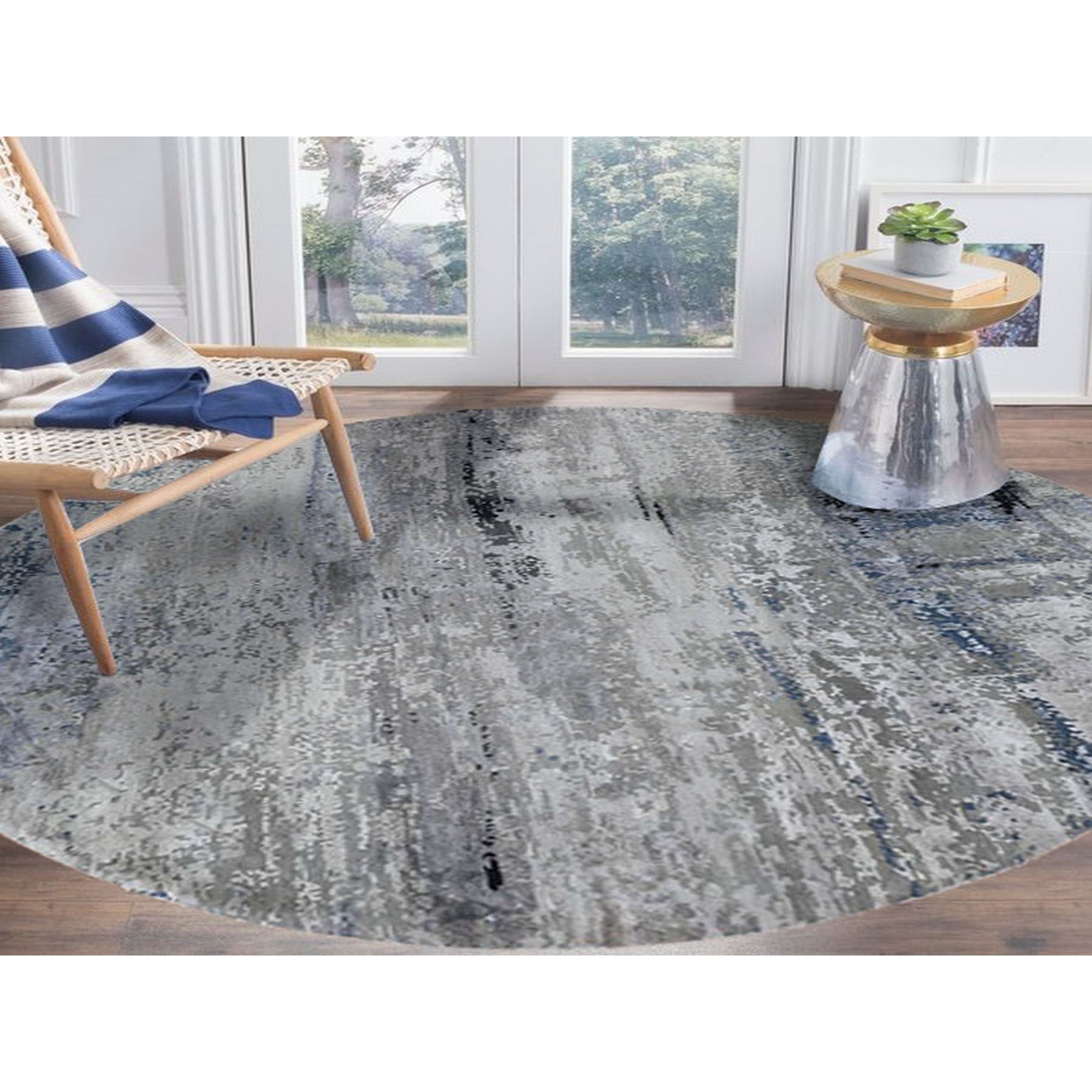 9-10 x9-10  Gray Hi low Pile Abstract Design Round Wool And Silk Hand Knotted Oriental Rug 