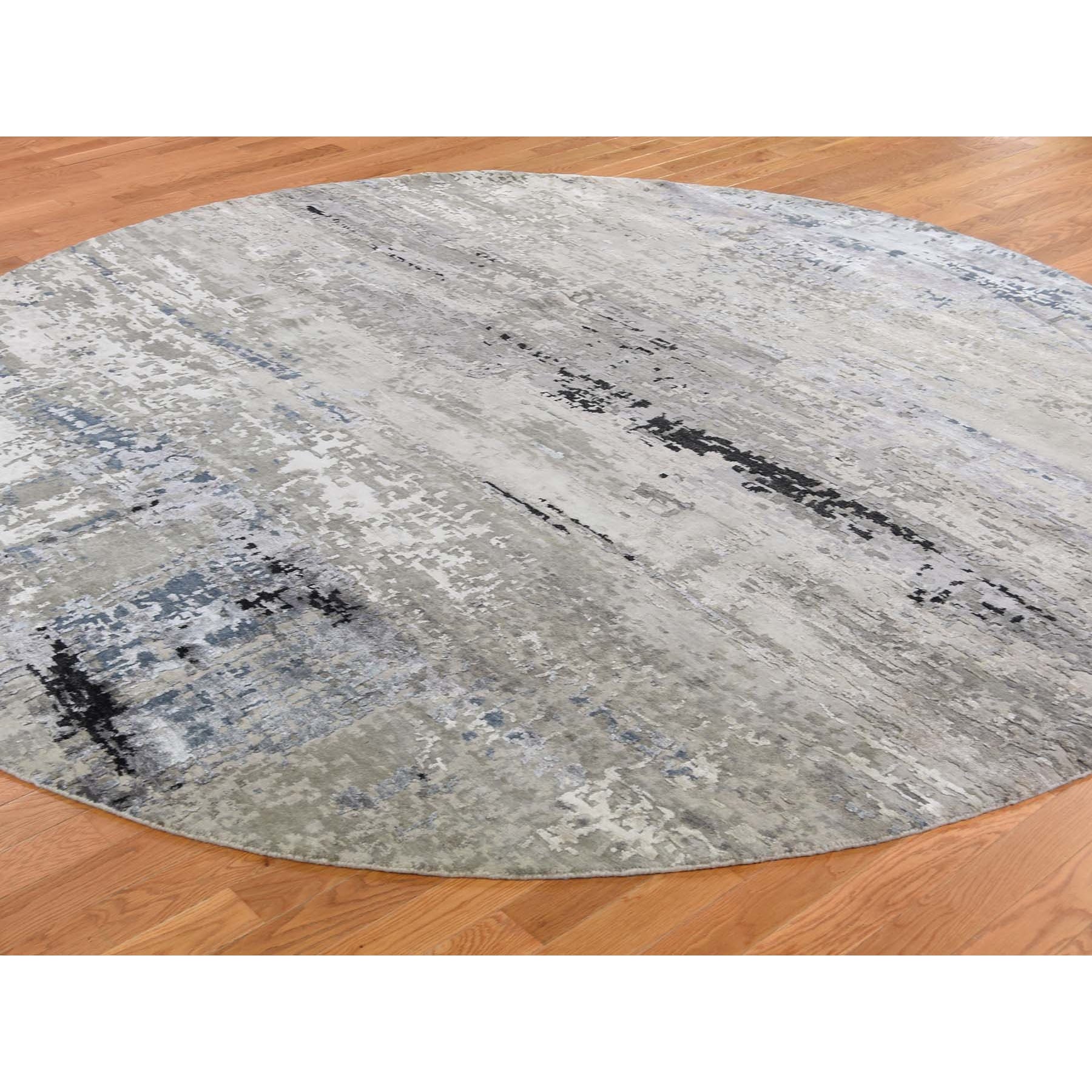 9-10 x9-10  Gray Hi low Pile Abstract Design Round Wool And Silk Hand Knotted Oriental Rug 