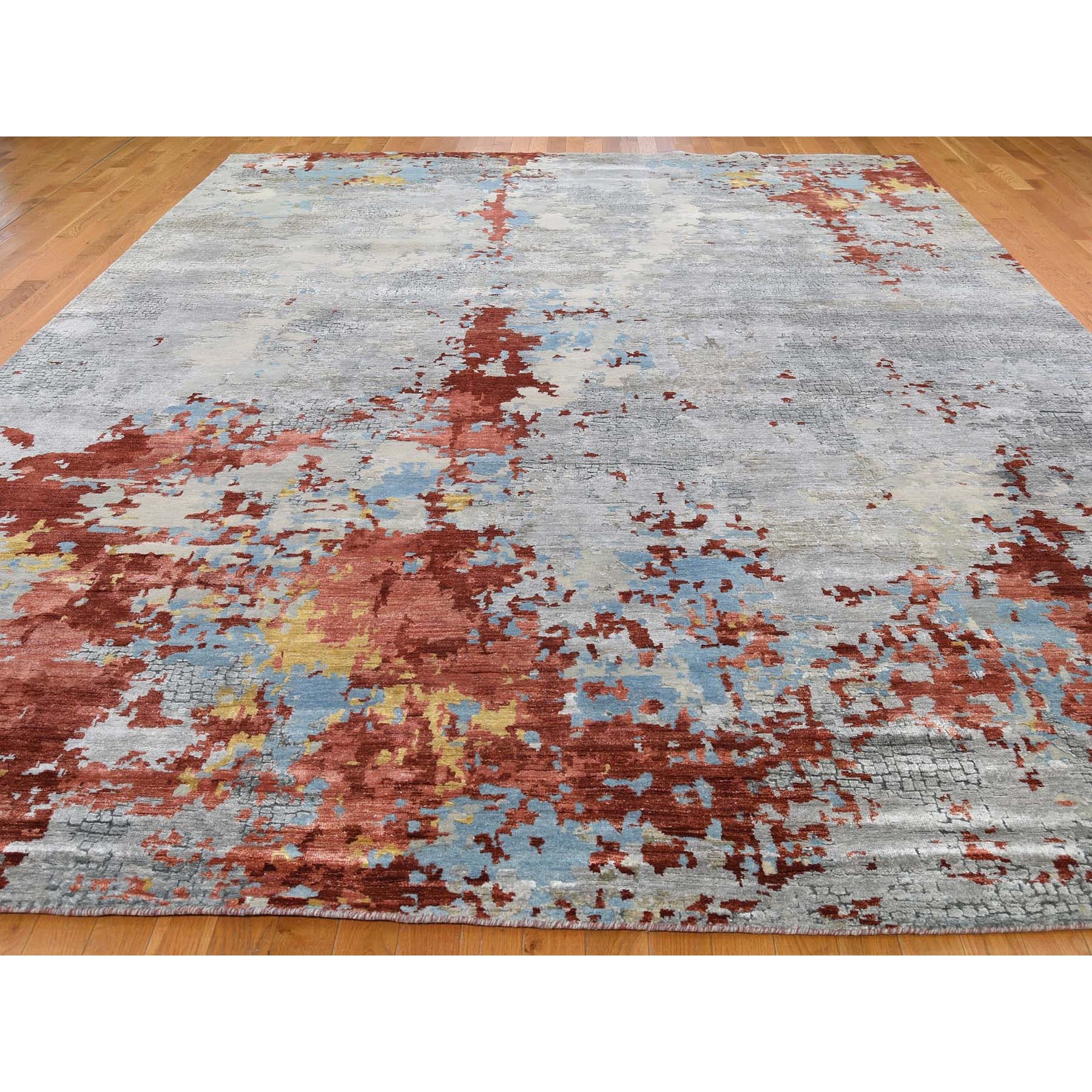 9-10 x13-10  Wool And Silk Abstract With Fire Mosaic Design Hand Knotted Oriental Rug 