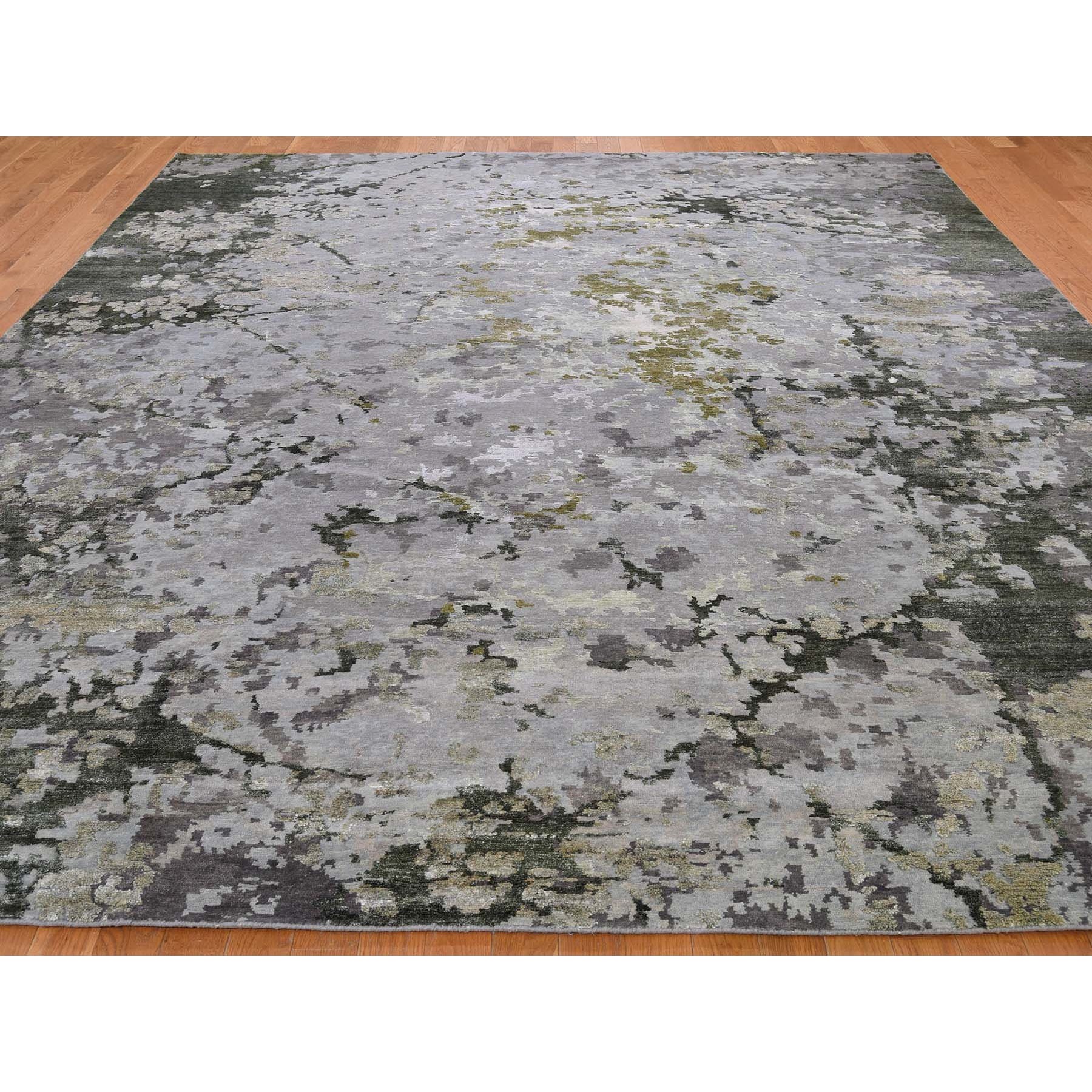 9-1 x11-9  Green Hi-Lo Pile Abstract Design Wool And Silk Hand Knotted Rug 