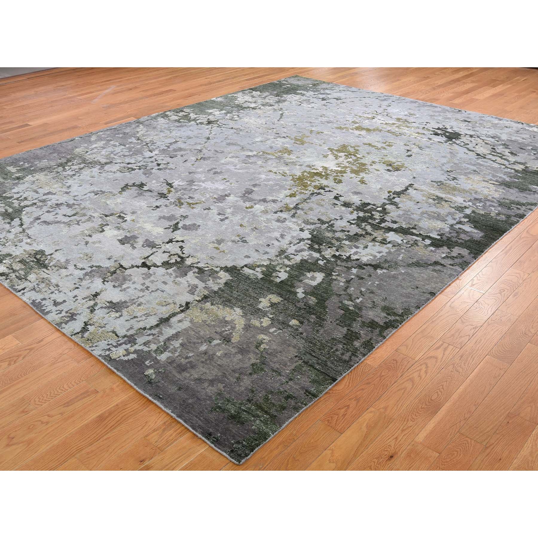 9-1 x11-9  Green Hi-Lo Pile Abstract Design Wool And Silk Hand Knotted Rug 