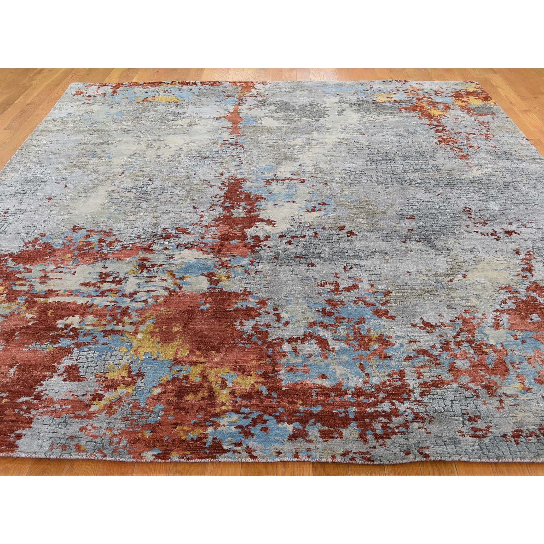 7-10 x9-9  Wool And Silk Abstract With Fire Mosaic Design Hand Knotted Oriental Rug 