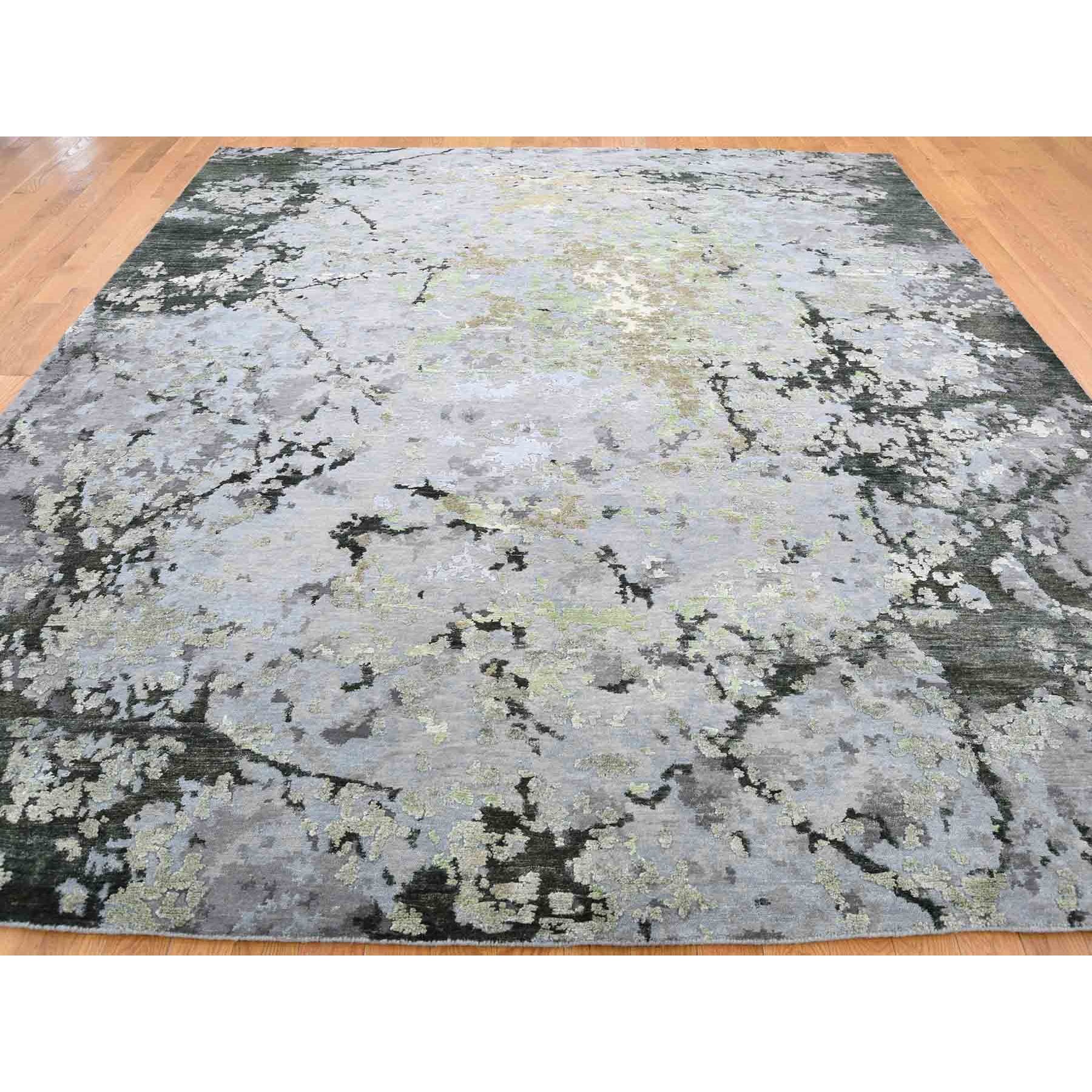 8-3 x10- Green Hi-Lo Pile Abstract Design Wool And Silk Hand Knotted Oriental Rug 