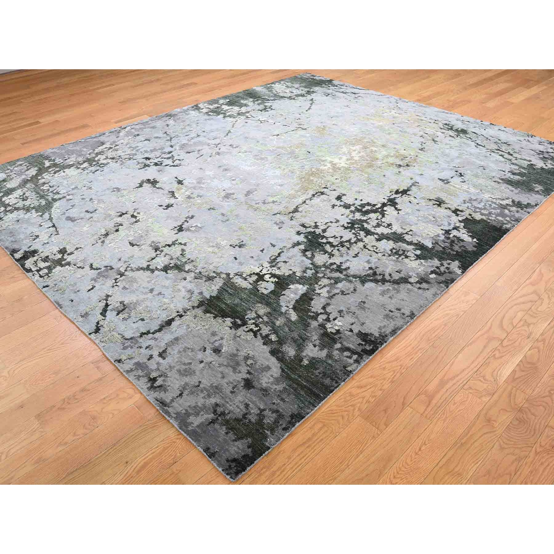 8-3 x10- Green Hi-Lo Pile Abstract Design Wool And Silk Hand Knotted Oriental Rug 