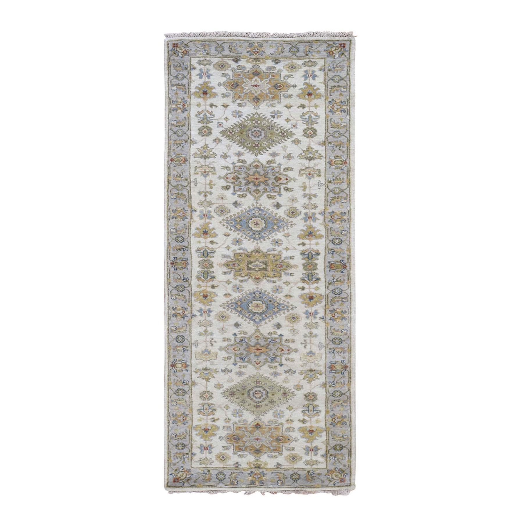 2-7 x8- Ivory Pure Wool Geometric Design Runner Hand Knotted Tribal Rug 