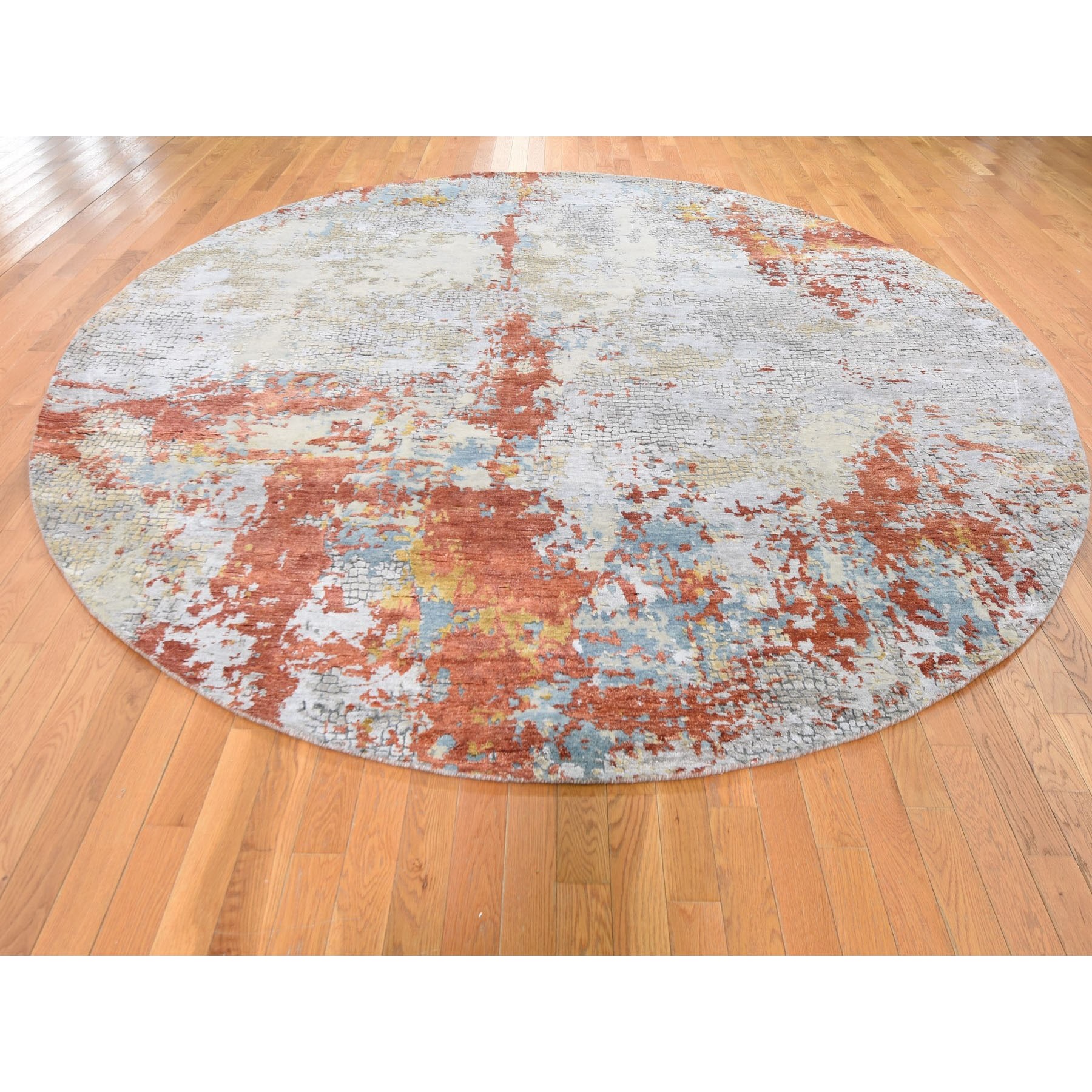 9-10-x9-10  Round Wool And Silk Abstract With Fire Mosaic Design Hand Knotted Oriental Rug 