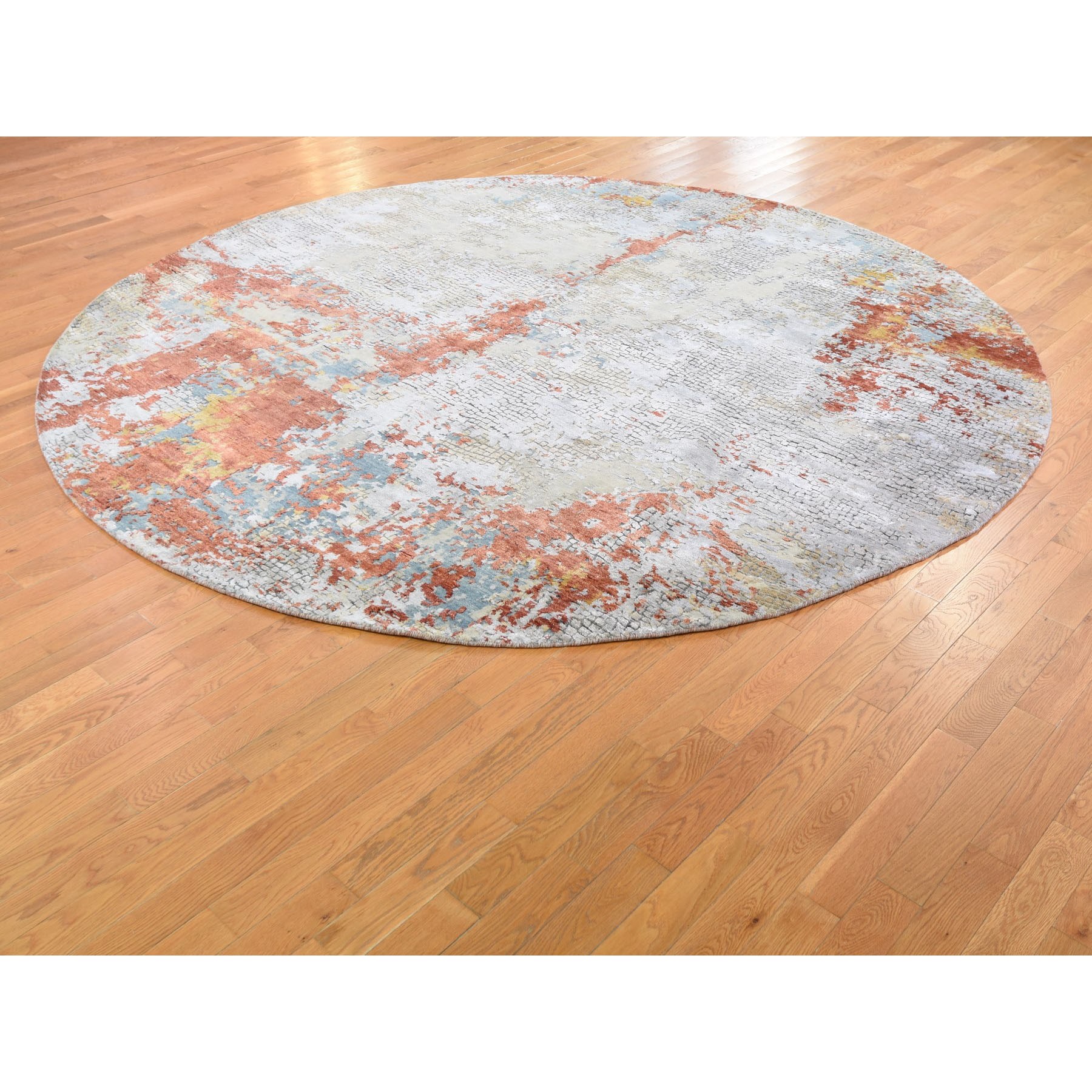 9-10-x9-10  Round Wool And Silk Abstract With Fire Mosaic Design Hand Knotted Oriental Rug 