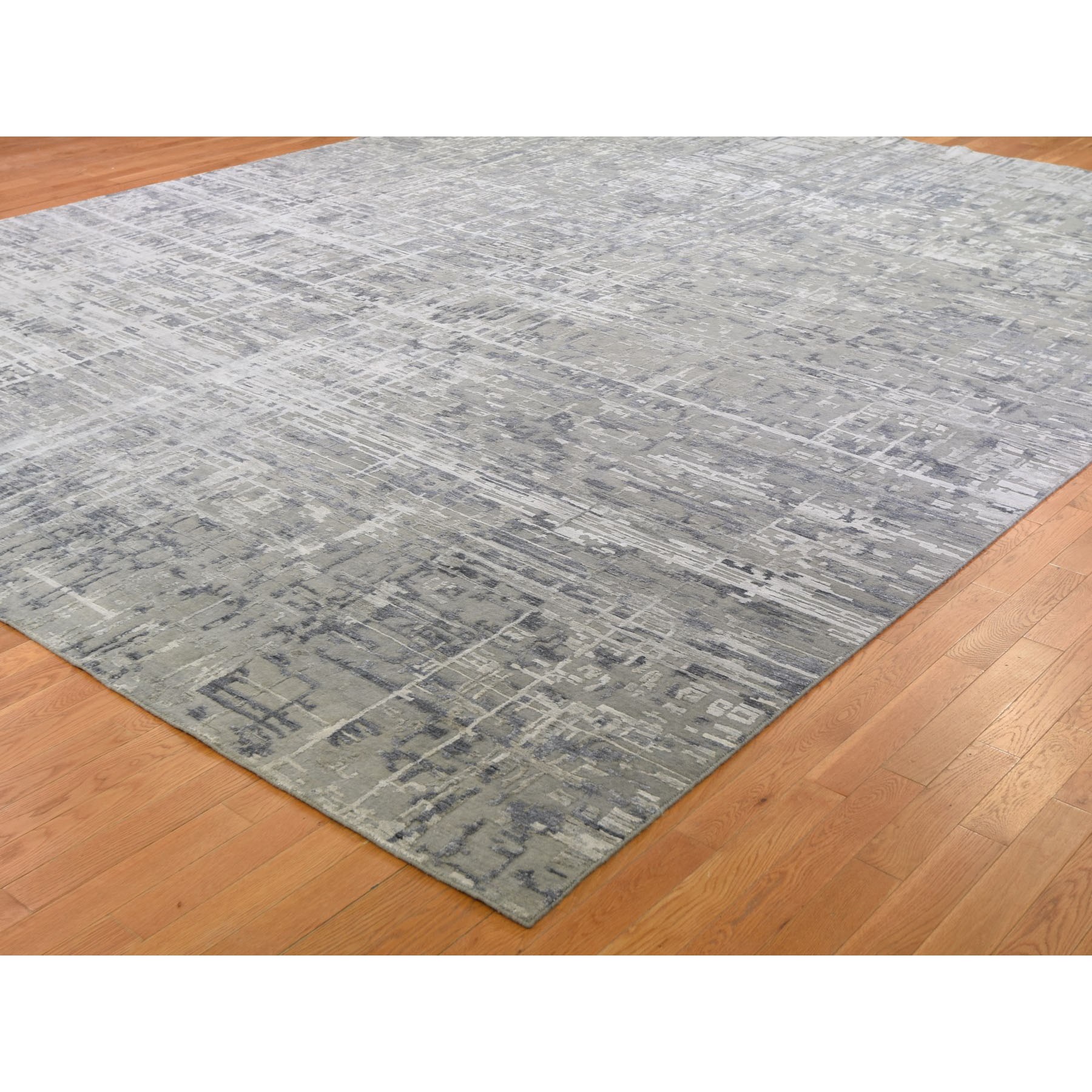 12-x15-1  Gray Oversized Wool And Silk Abstract Design Hand knotted Oriental Rug 