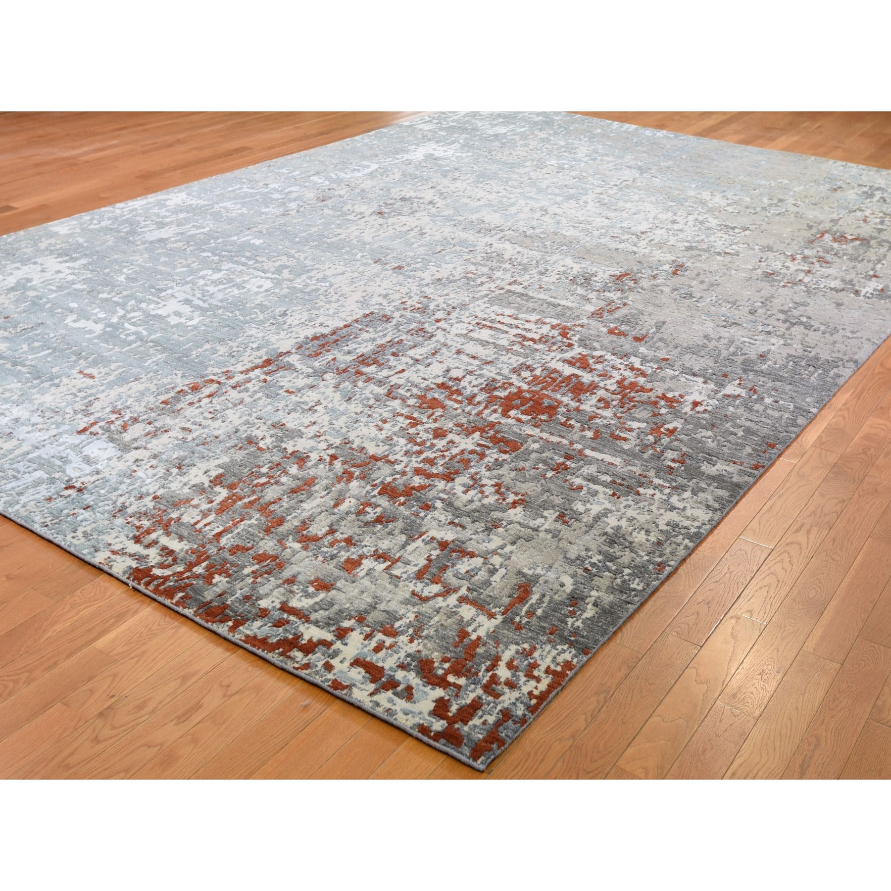 9-10 x14-7  Terracotta Abstract Design Wool and Silk Hi-Low Pile Denser Weave Hand Knotted Oriental Rug 