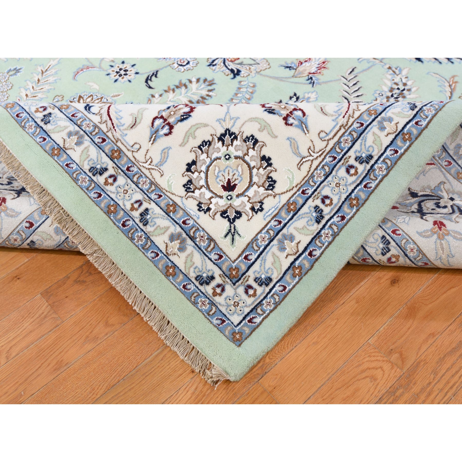 10-x14- Wool And Silk 250 KPSI Light Green Nain Hand-Knotted Oriental Rug 